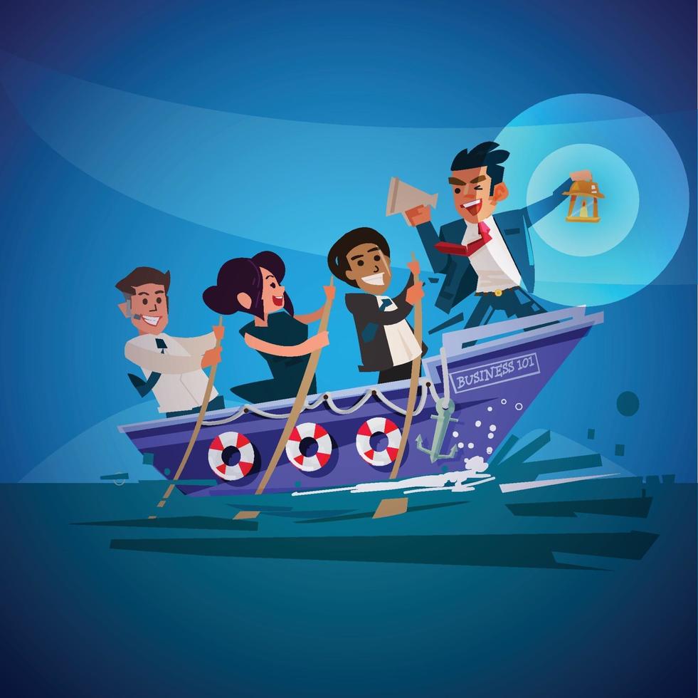 business leader holding lamp on boat with business team. great leader concept vector