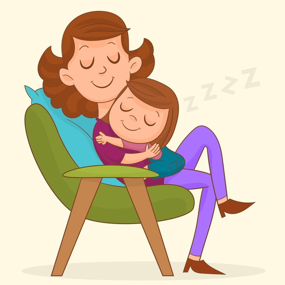 madre con niña durmiendo en una silla vector