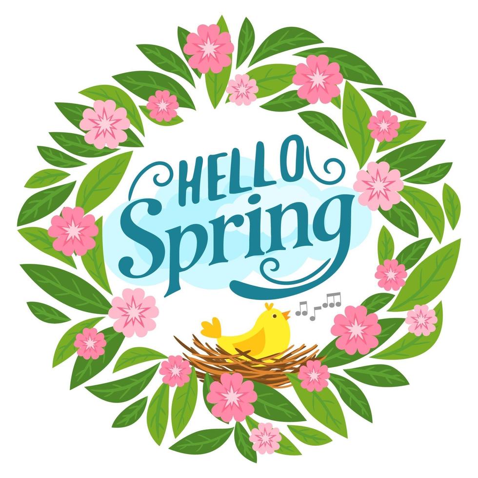 Floral greeting card with hello spring letters vector