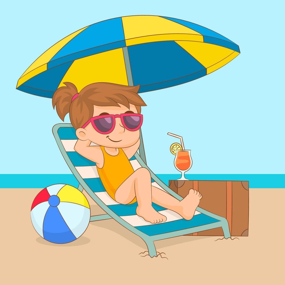 Girl relaxing on the sun chair under beach umbrella vector