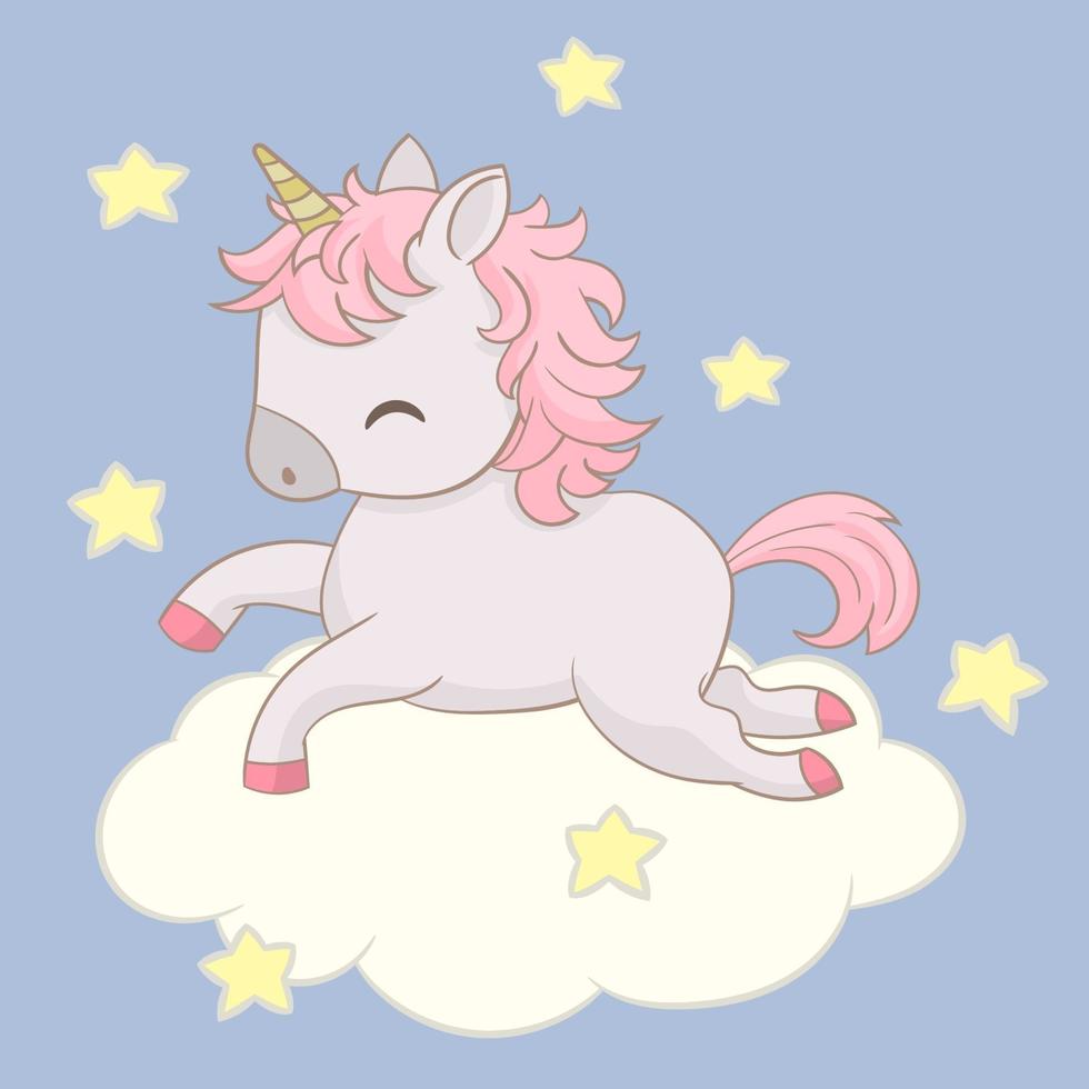 hermoso unicornio en las nubes con estrellas vector