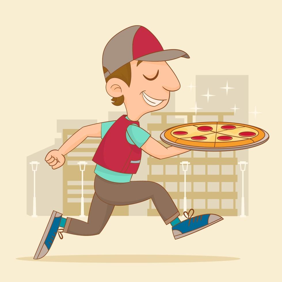 Jumping delivery man with pizza vector