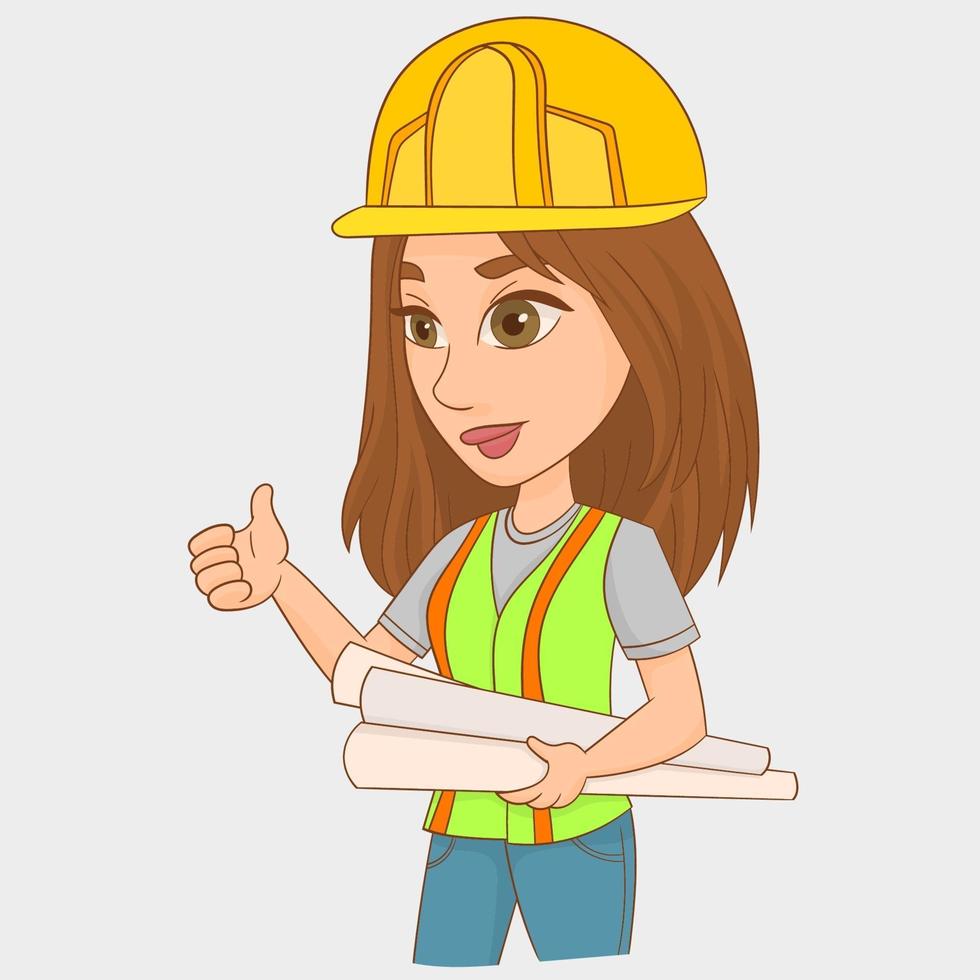 Female architect with safety helmet holding roll paper vector