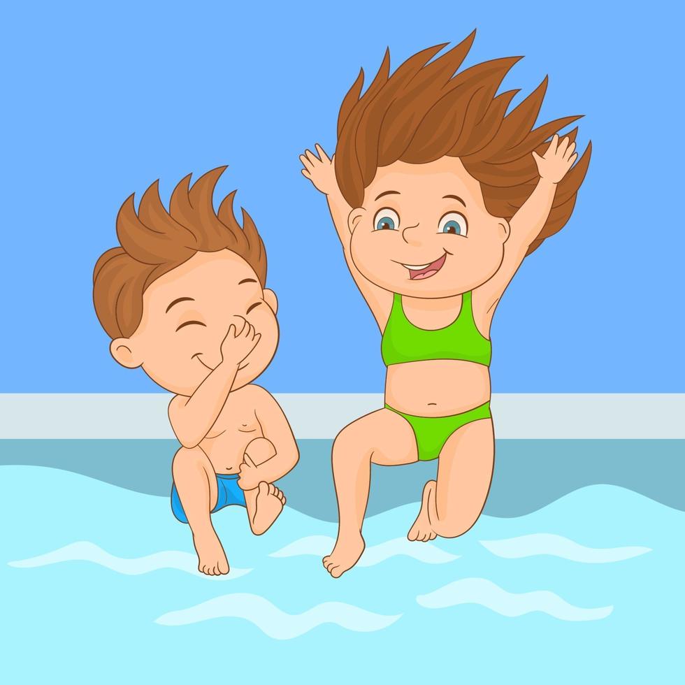 par de niños saltando a las frescas aguas de una piscina vector