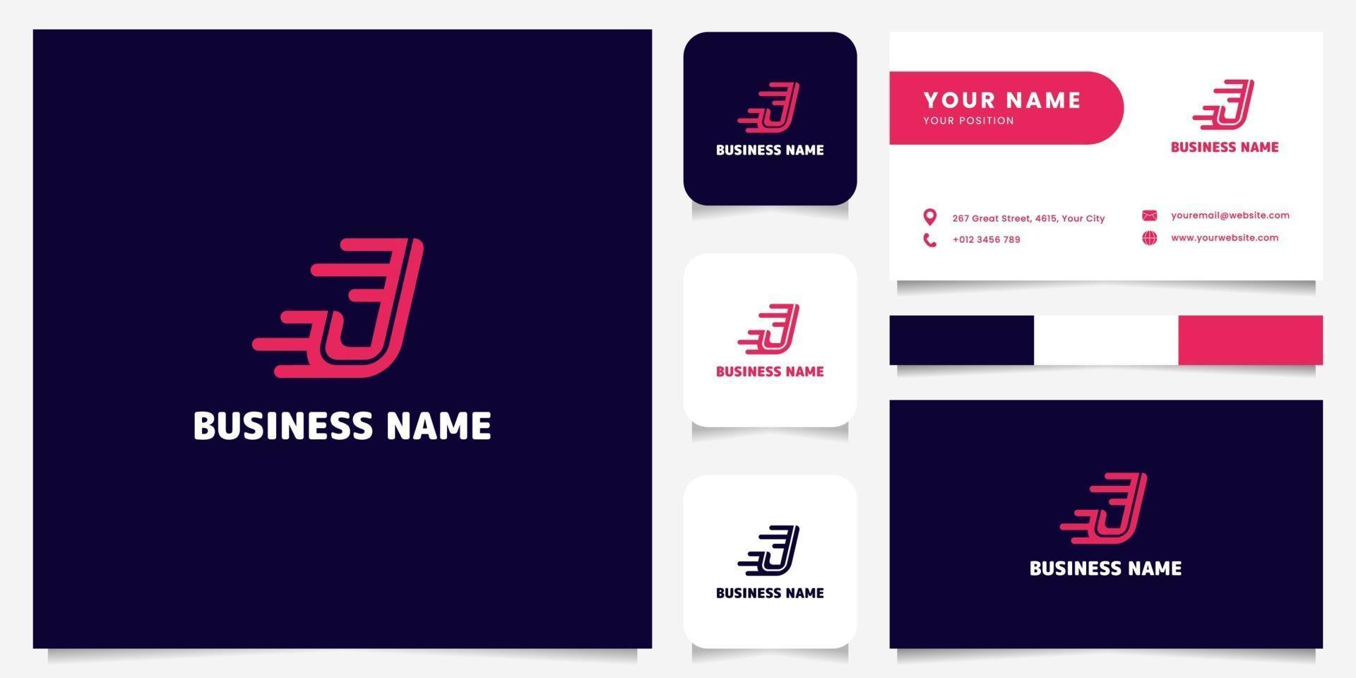 Logotipo de velocidad de letra j rosa brillante simple y minimalista en logotipo de fondo oscuro con plantilla de tarjeta de visita vector