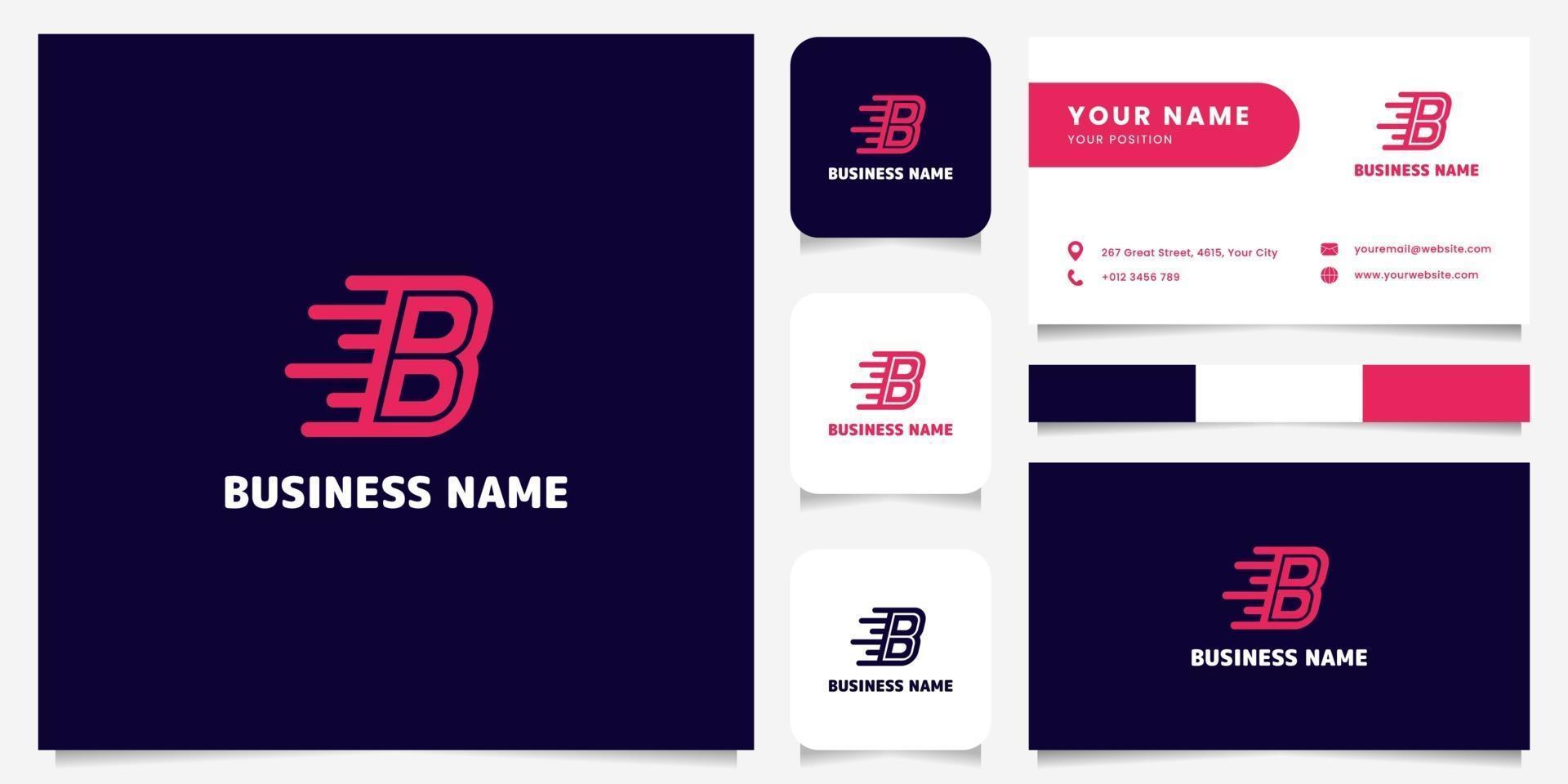 Logotipo de velocidad de letra b rosa brillante simple y minimalista en logotipo de fondo oscuro con plantilla de tarjeta de visita vector
