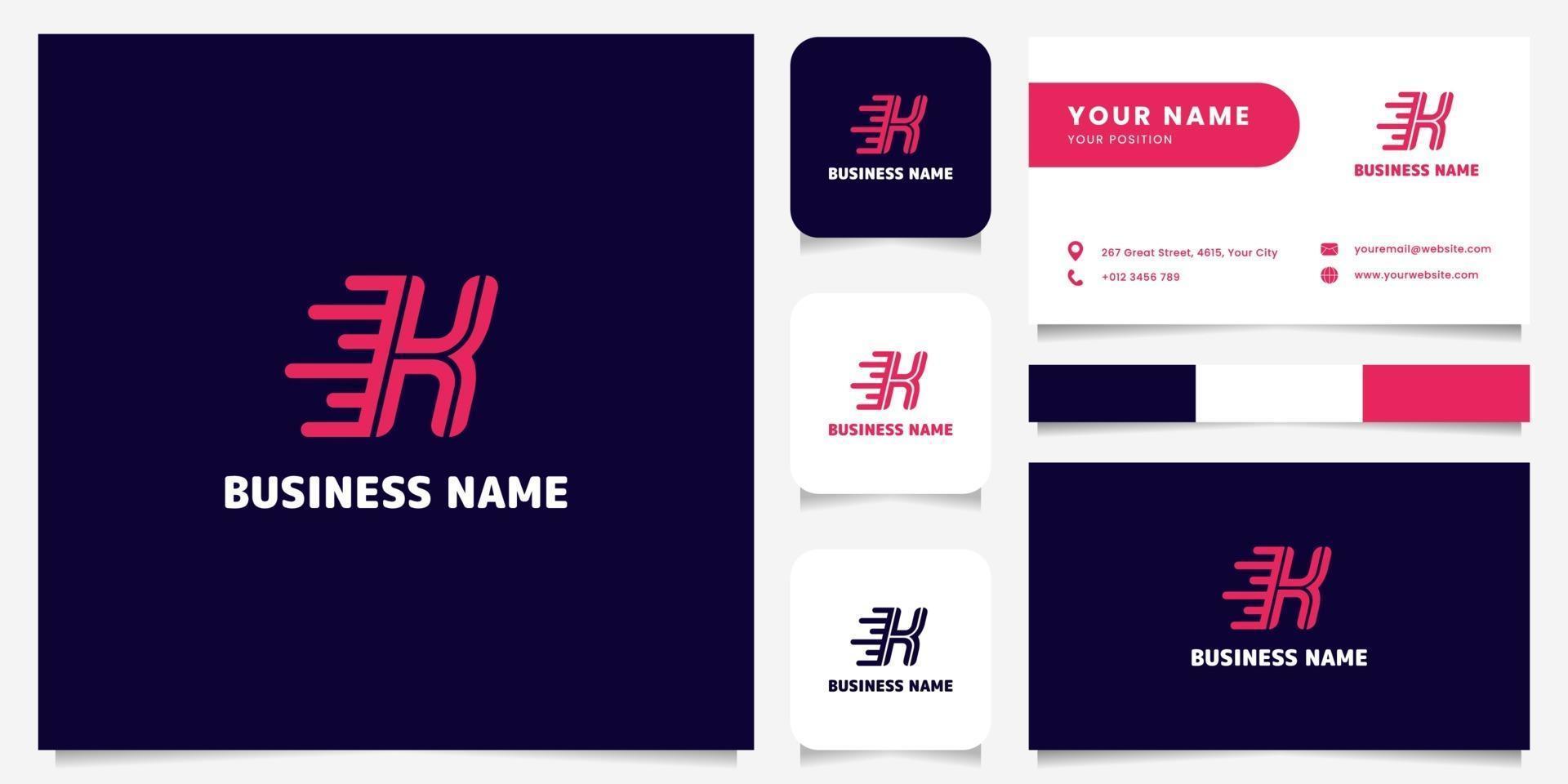 Logotipo de velocidad de letra k rosa brillante simple y minimalista en logotipo de fondo oscuro con plantilla de tarjeta de visita vector