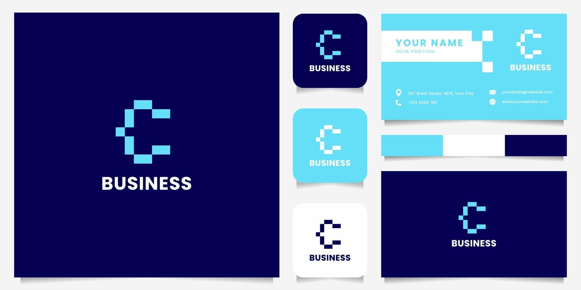 Simple and Minimalist Blue Pixel Letter C Logo with Business Card Template vector
