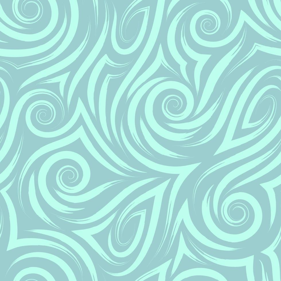 Vector turquoise seamless pattern of spirals and curls for decoration and printing on fabric on a blue background.