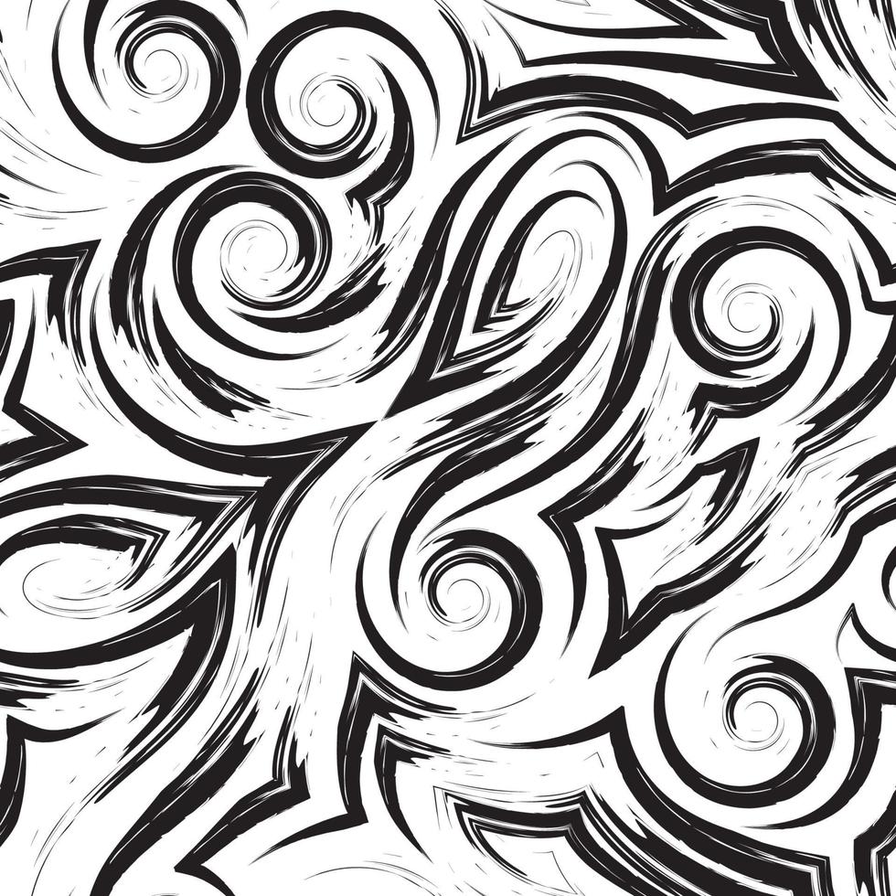 Vector black seamless pattern of waves or swirl drawn with a brush for decor isolated on a white background.