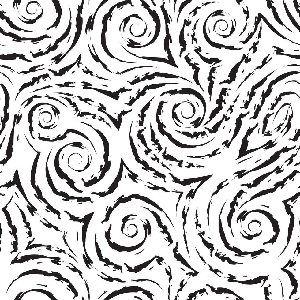Vector seamless black texture in the form of spirals and curls of waves and splashes on a white background.