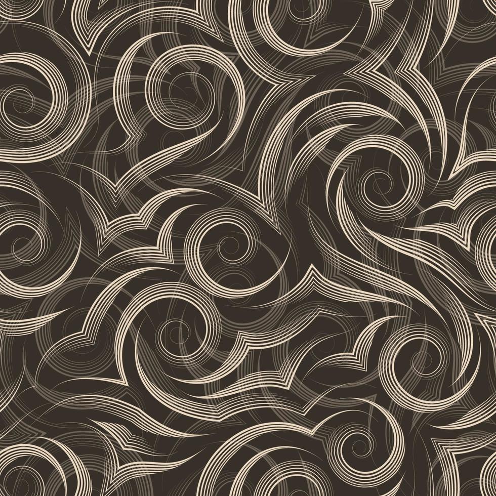 Seamless vector pattern of smooth lines drawn by beige pen in the form of spirals and curls isolated on dark background.