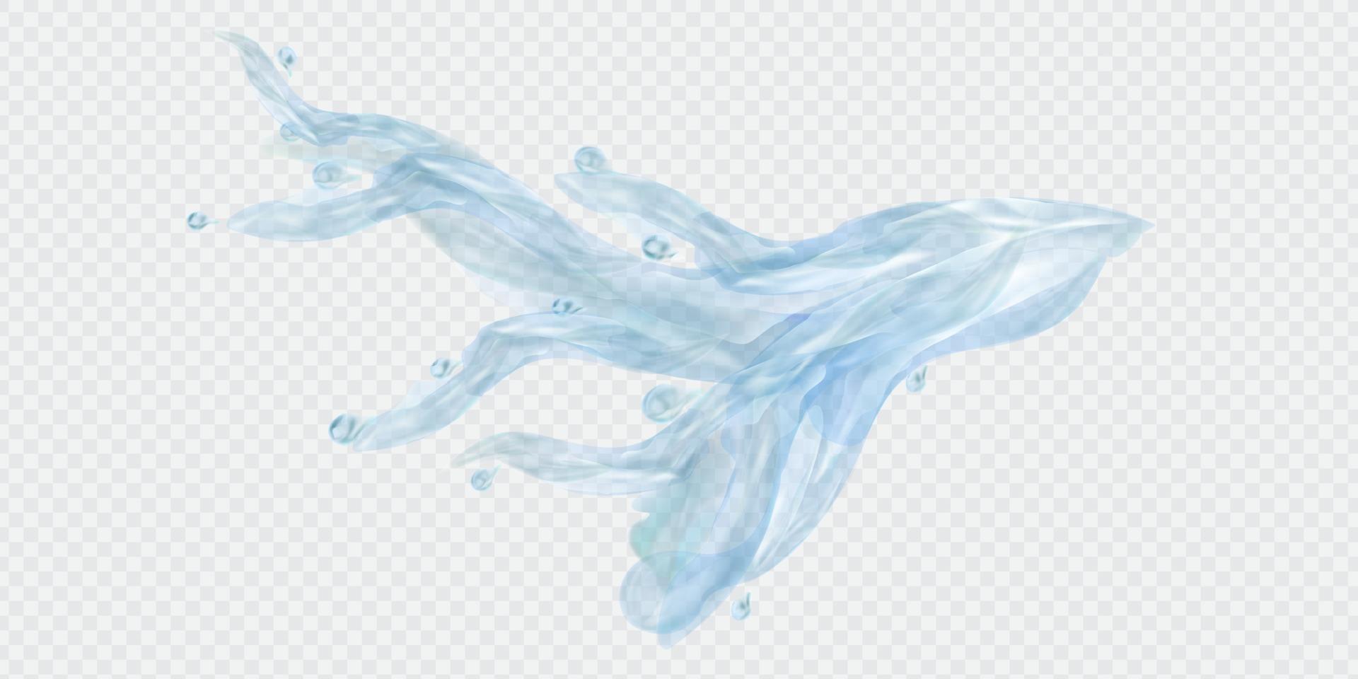 Corriente vectorial realista de agua con salpicaduras y gotas azules. vector