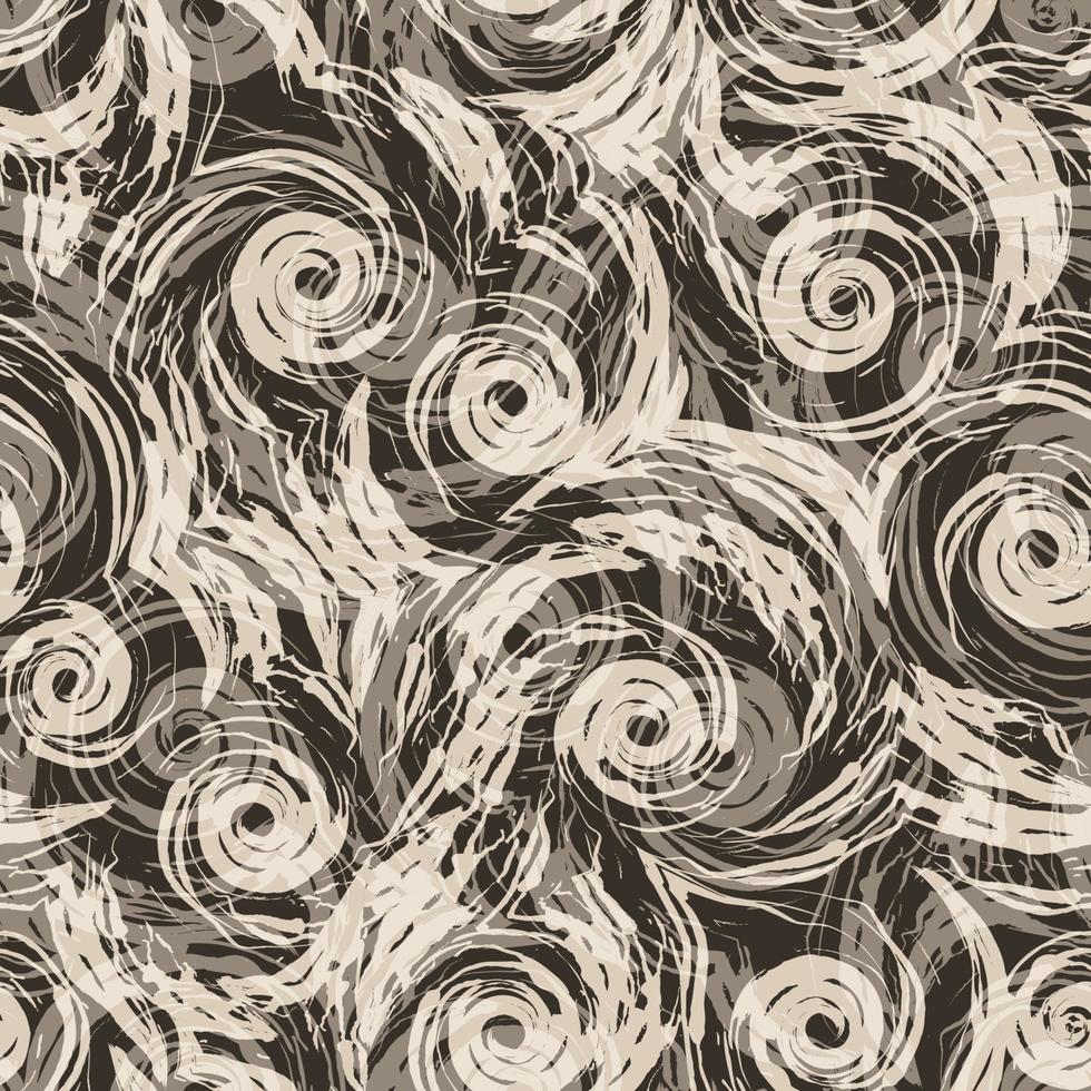 Seamless vector pattern of beige spirals and abstract shapes on dark background.