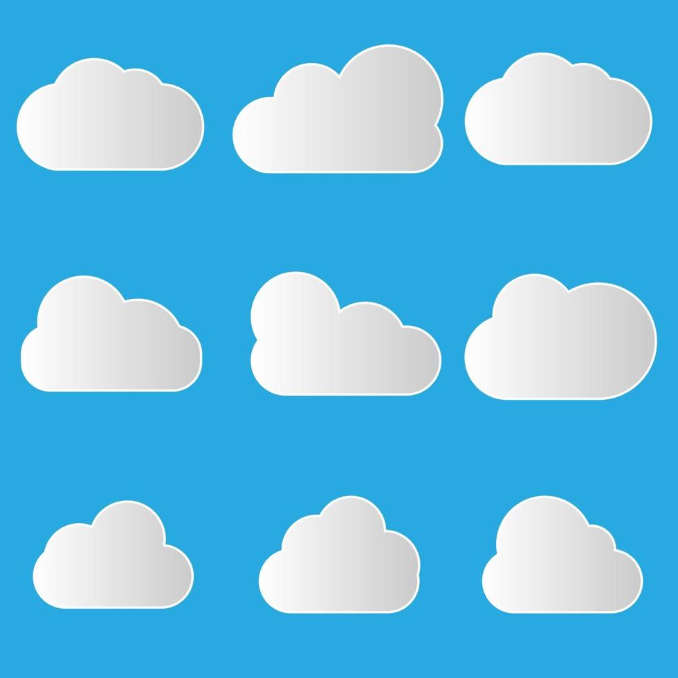 conjunto de iconos de nubes en estilo plano de moda aislado sobre fondo azul. símbolo de nube para el diseño de su sitio web, logotipo, aplicación, interfaz de usuario. vector