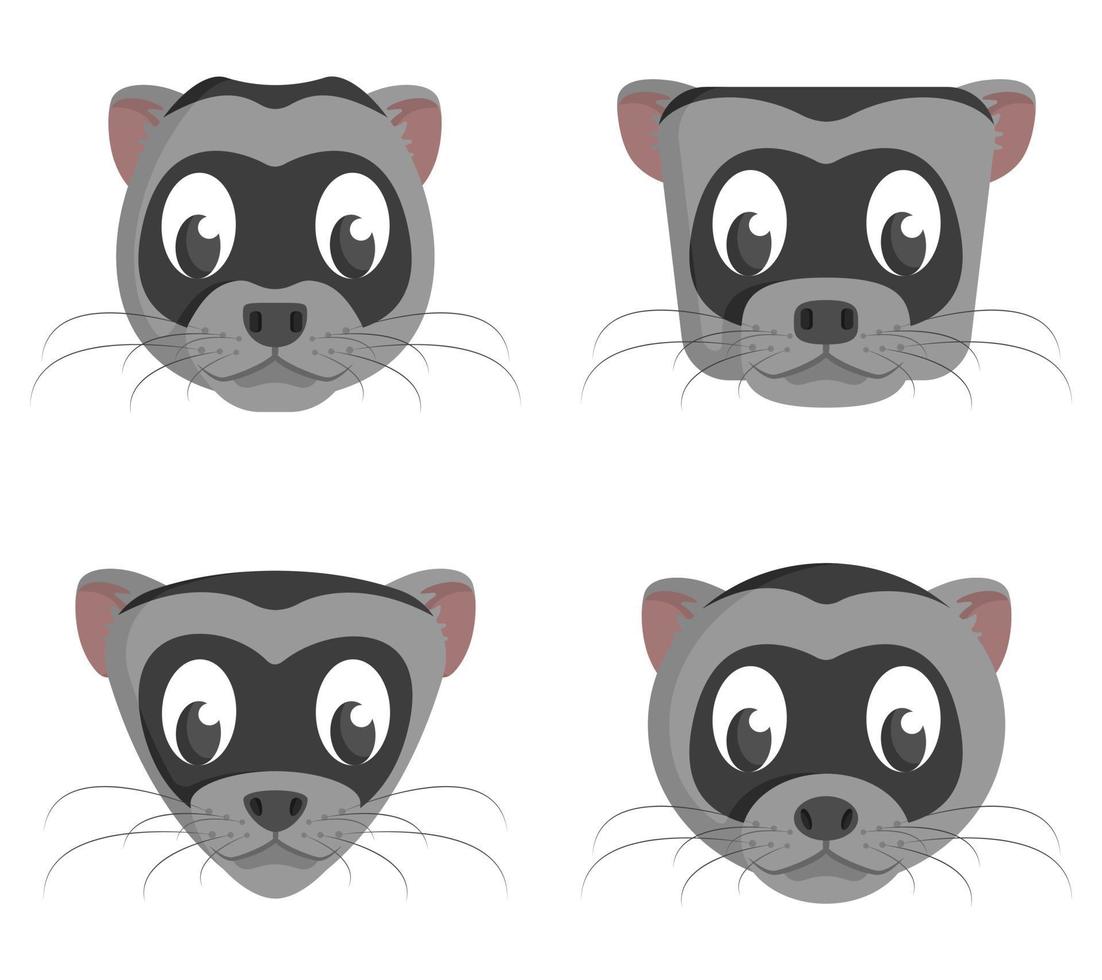 Set of cartoon ferrets. Different shapes of animal heads. vector