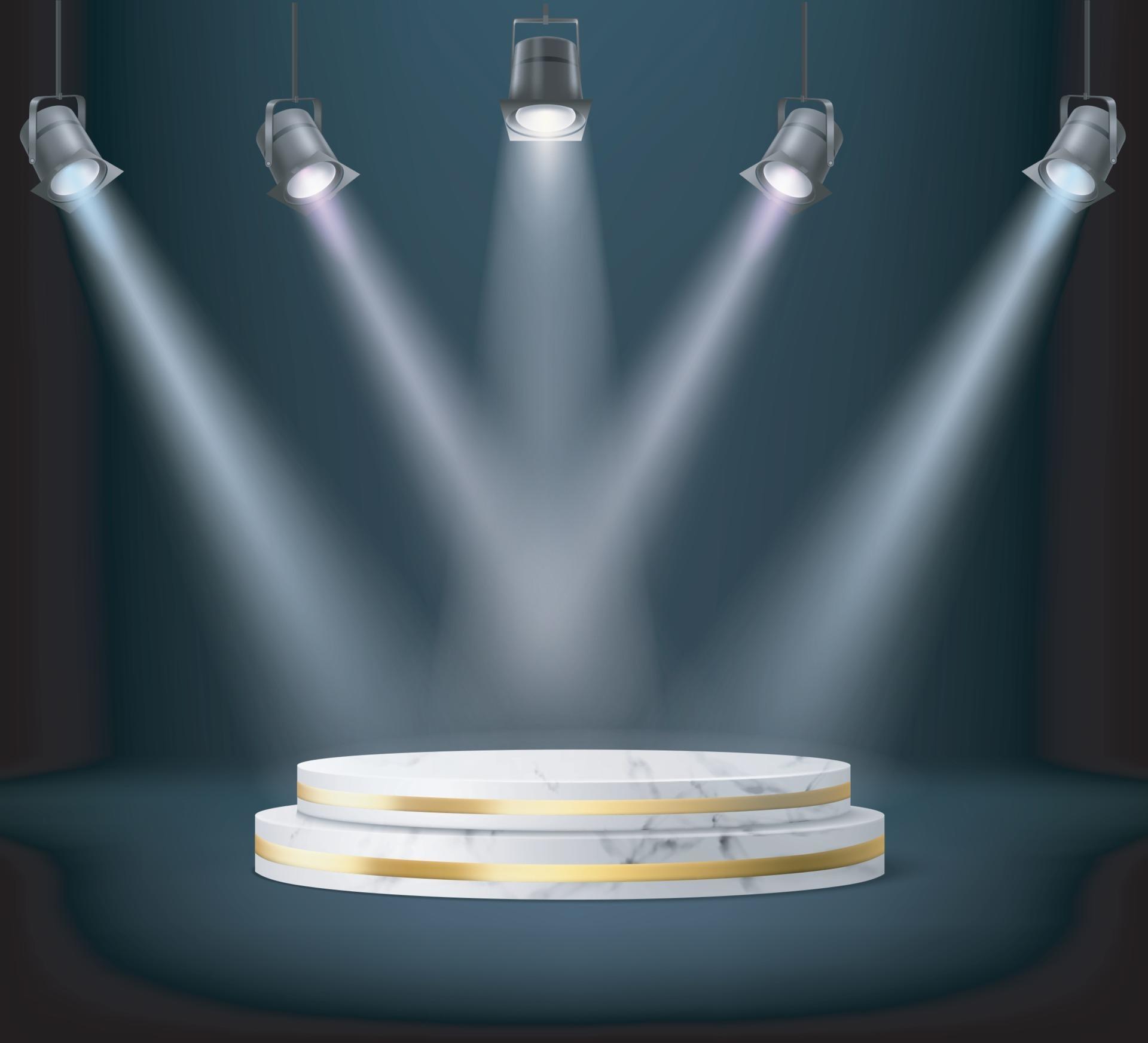 Realistic vector spot lights on round white podium. 2243571 Vector Art