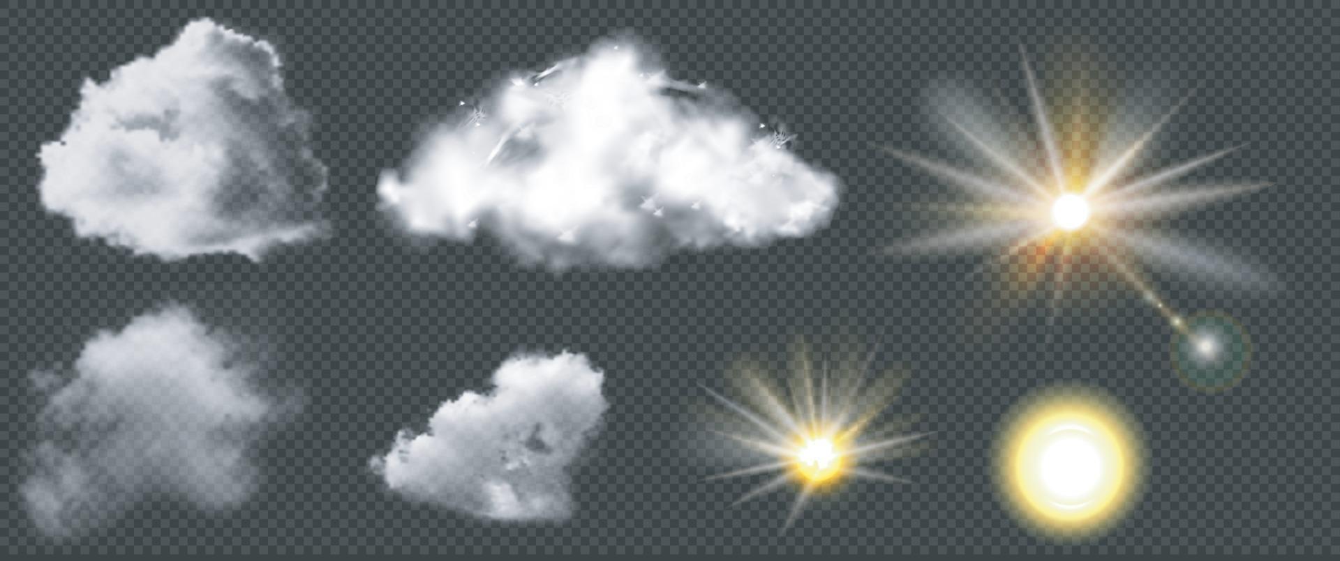 Set of realistic clouds and sun, vector