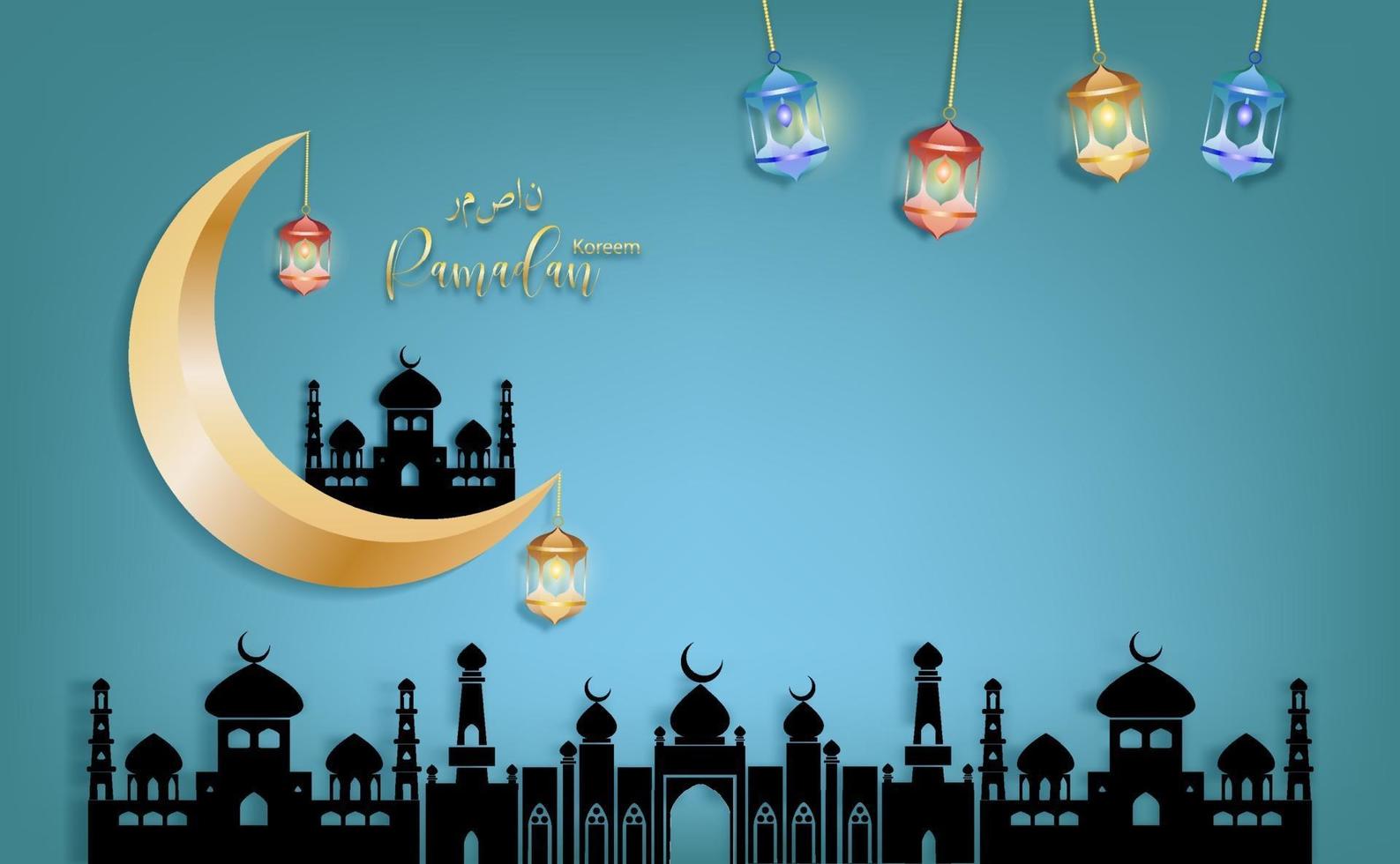 Gold moon with Eid Mubarak greeting Ramadan Kareem vector Wishing for Islamic festival for poster on sky bule background