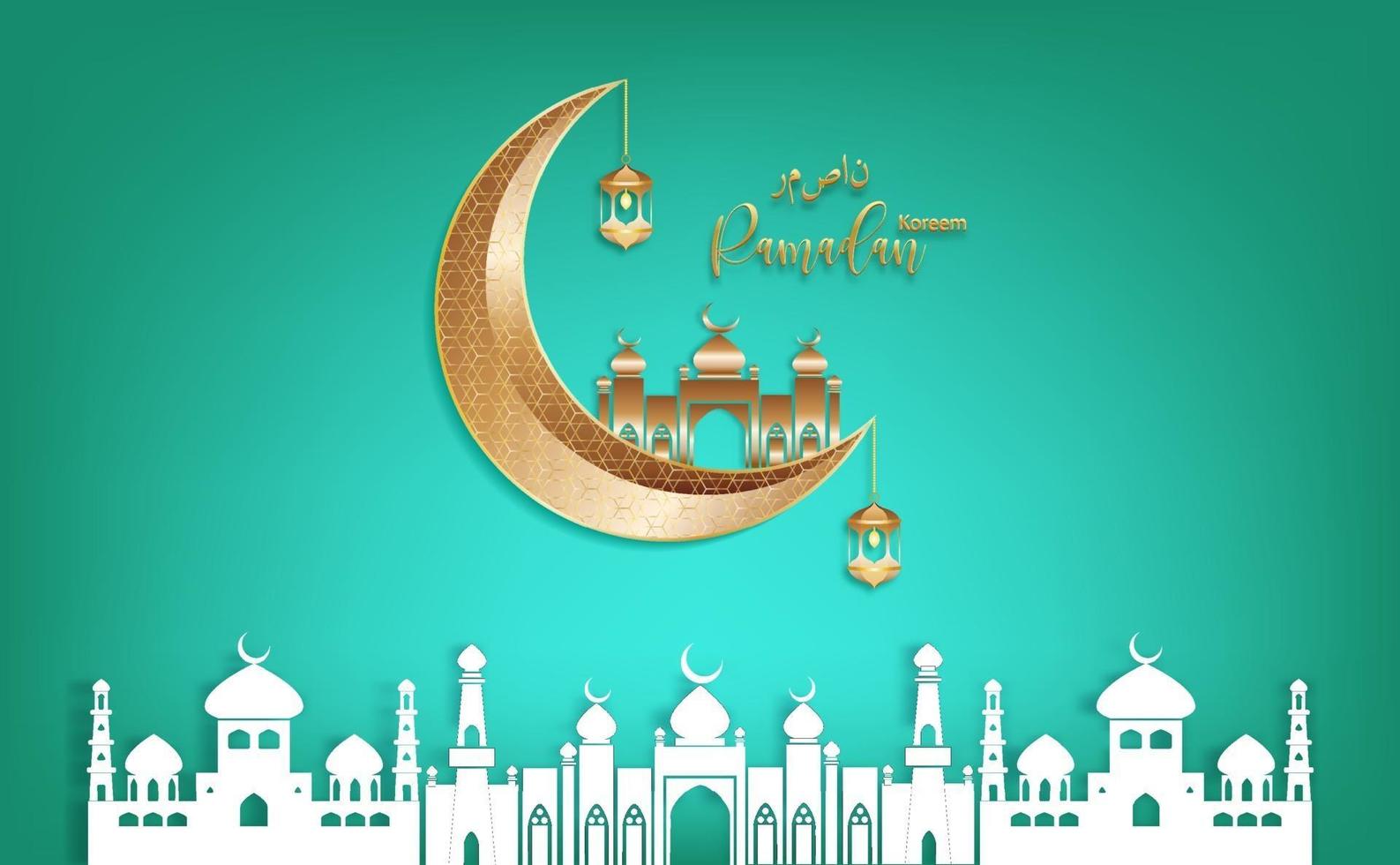 Eid Mubarak Ramadan Kareem vector Wishing for Islamic festival on green background.