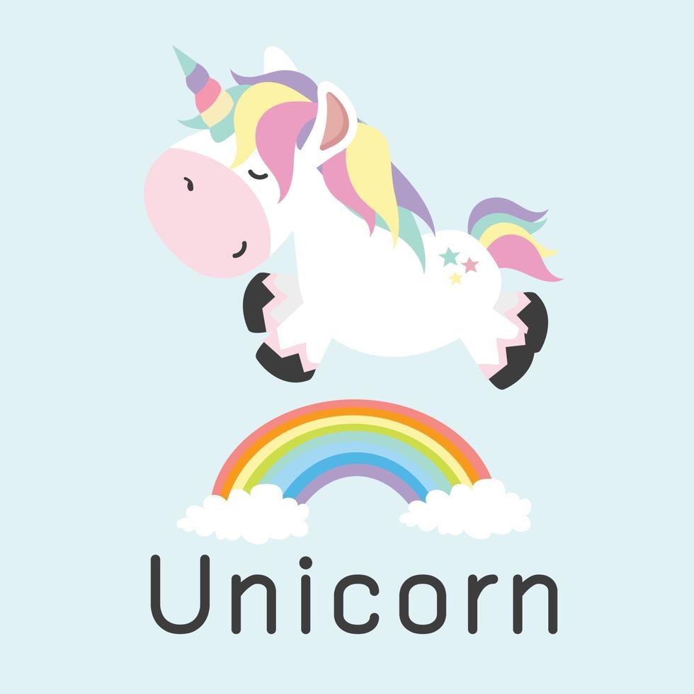 Magic cute unicorn cartoon jumping over rainbow vector