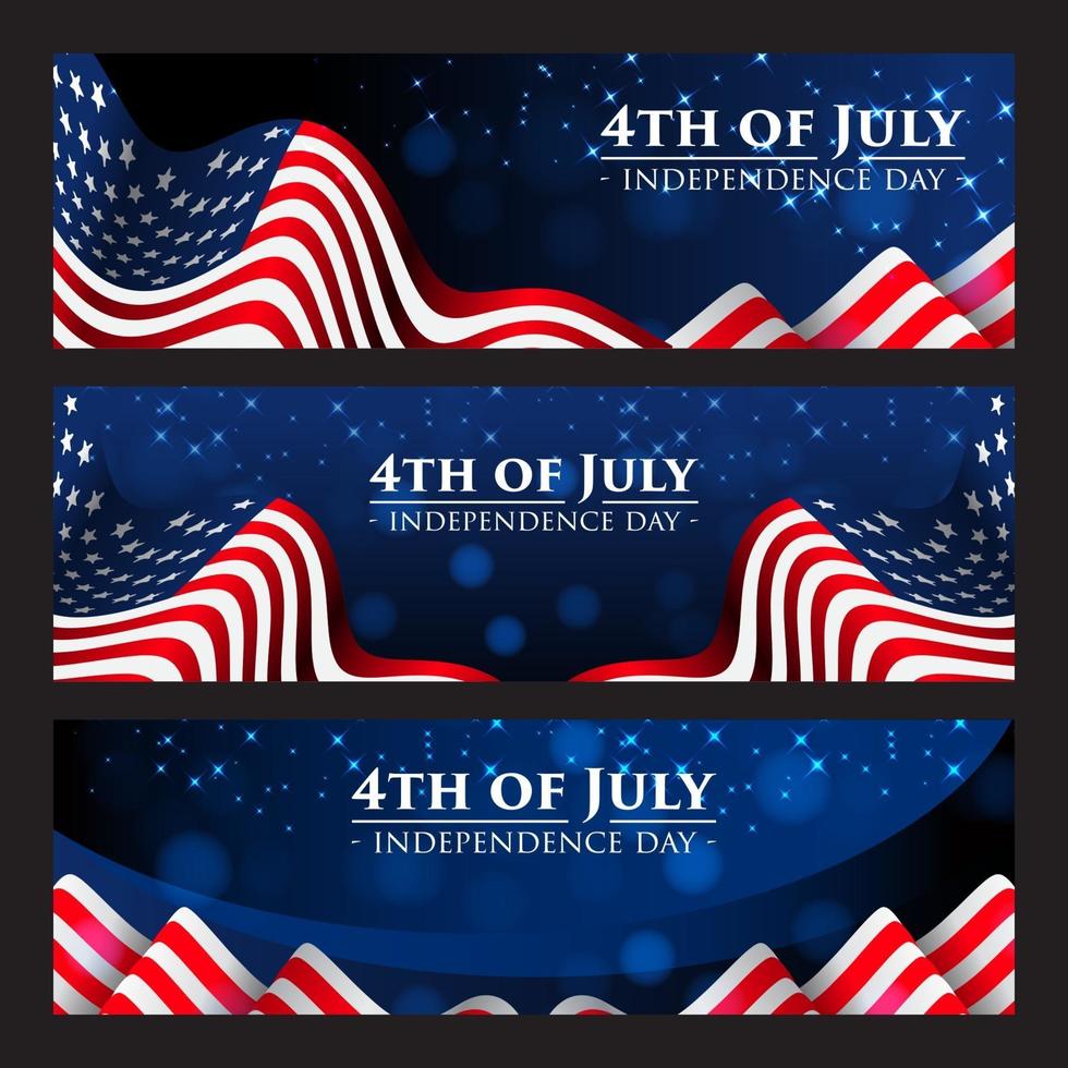 Banner del 4 de julio con bandera americana realista. vector