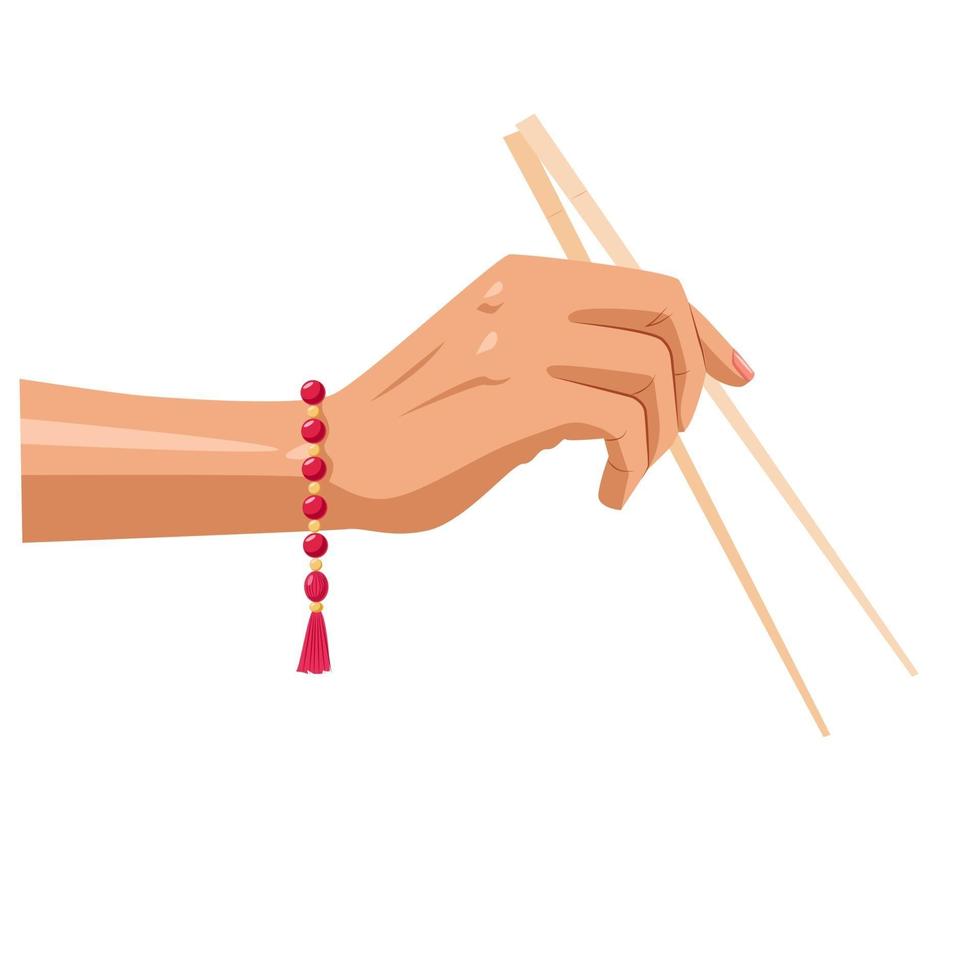 imagen de una mano con palillos chinos y una pulsera decorativa vector