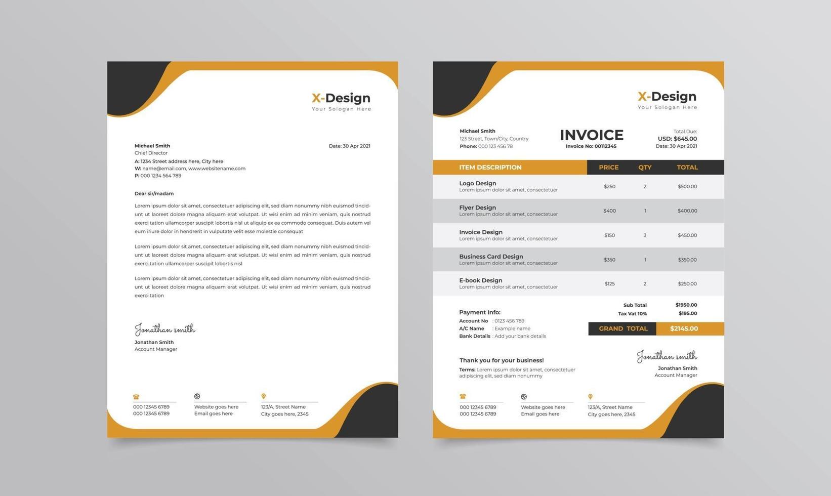 Corporate business branding identity or stationery letterhead and invoice template vector