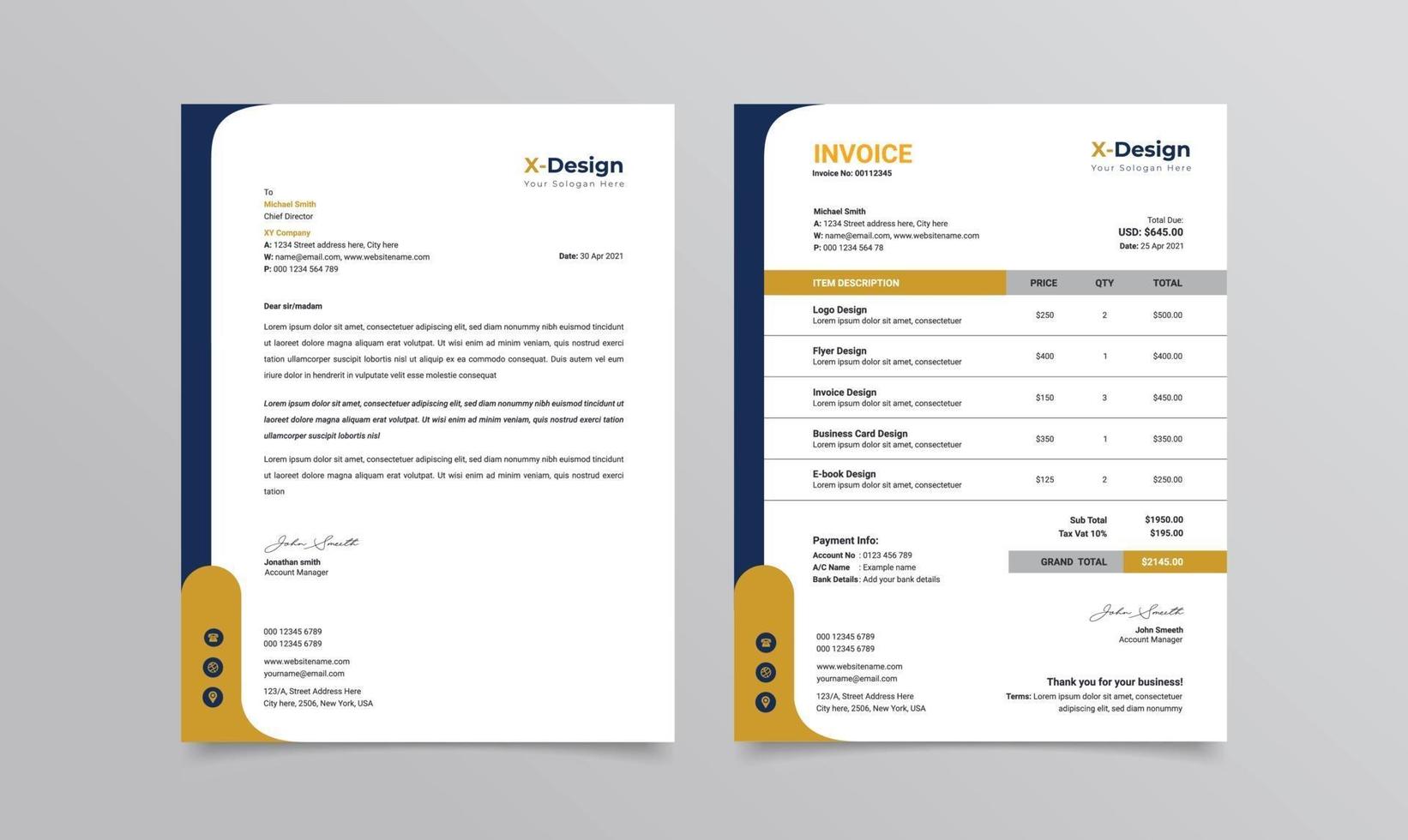 Corporate business branding identity or stationery letterhead and invoice template vector