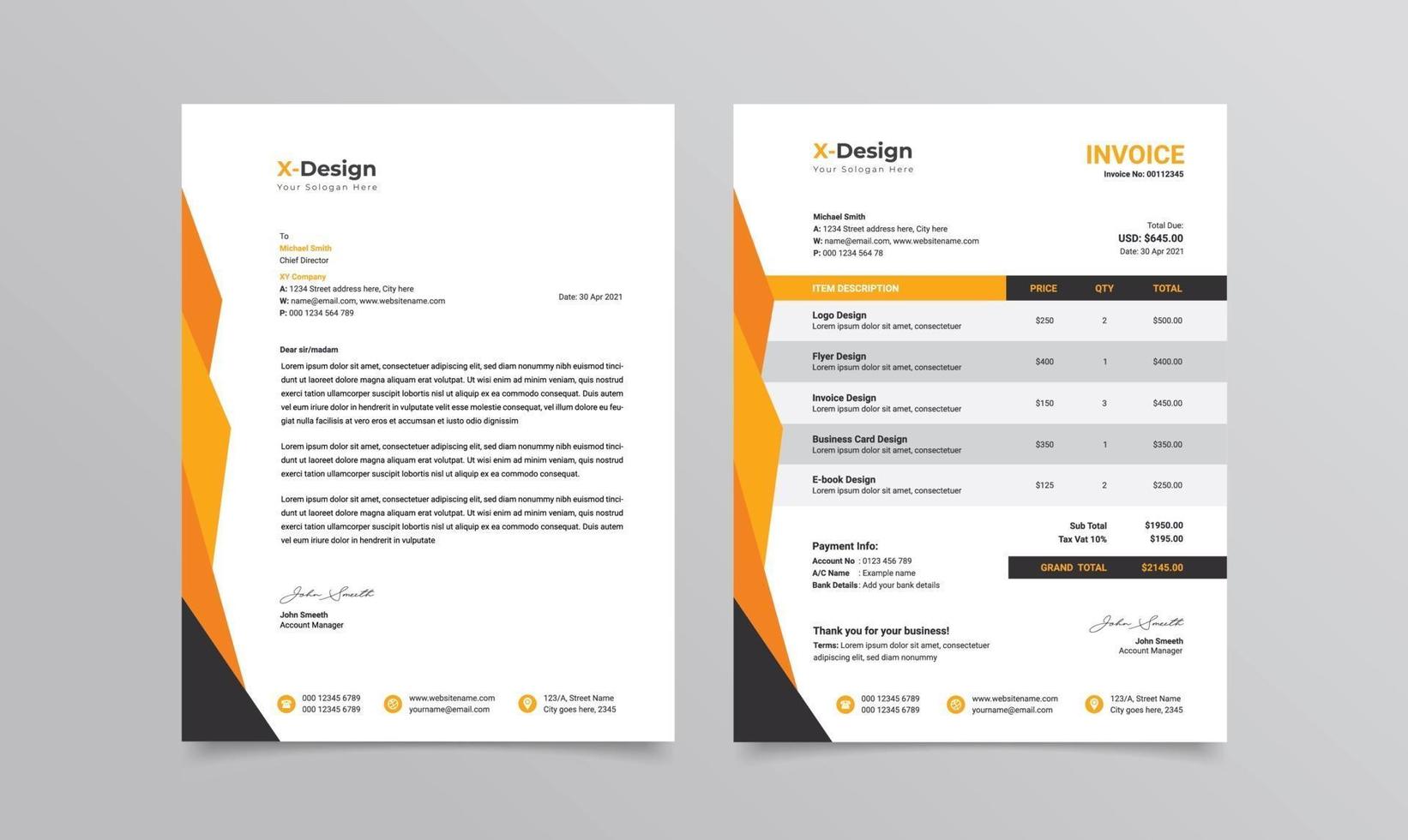 Corporate business branding identity or stationery letterhead and invoice template vector