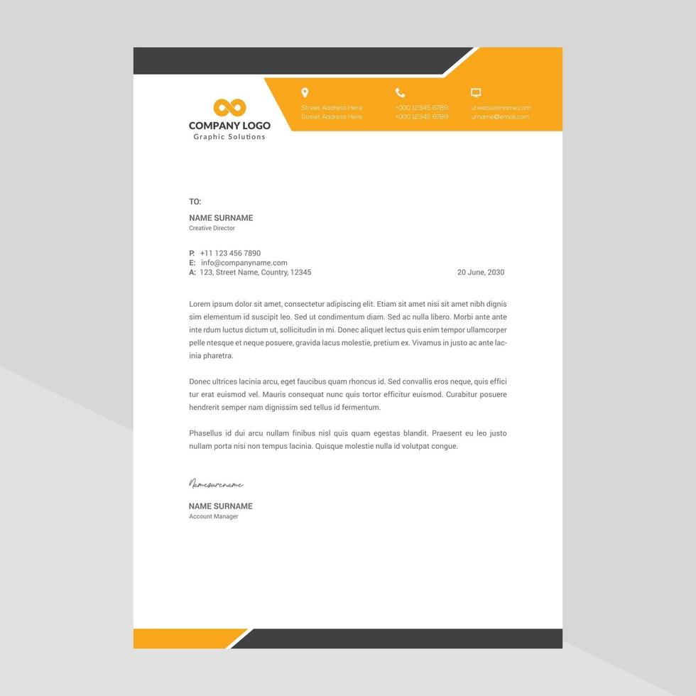 Elegant letterhead template design in minimalist style with orange details vector