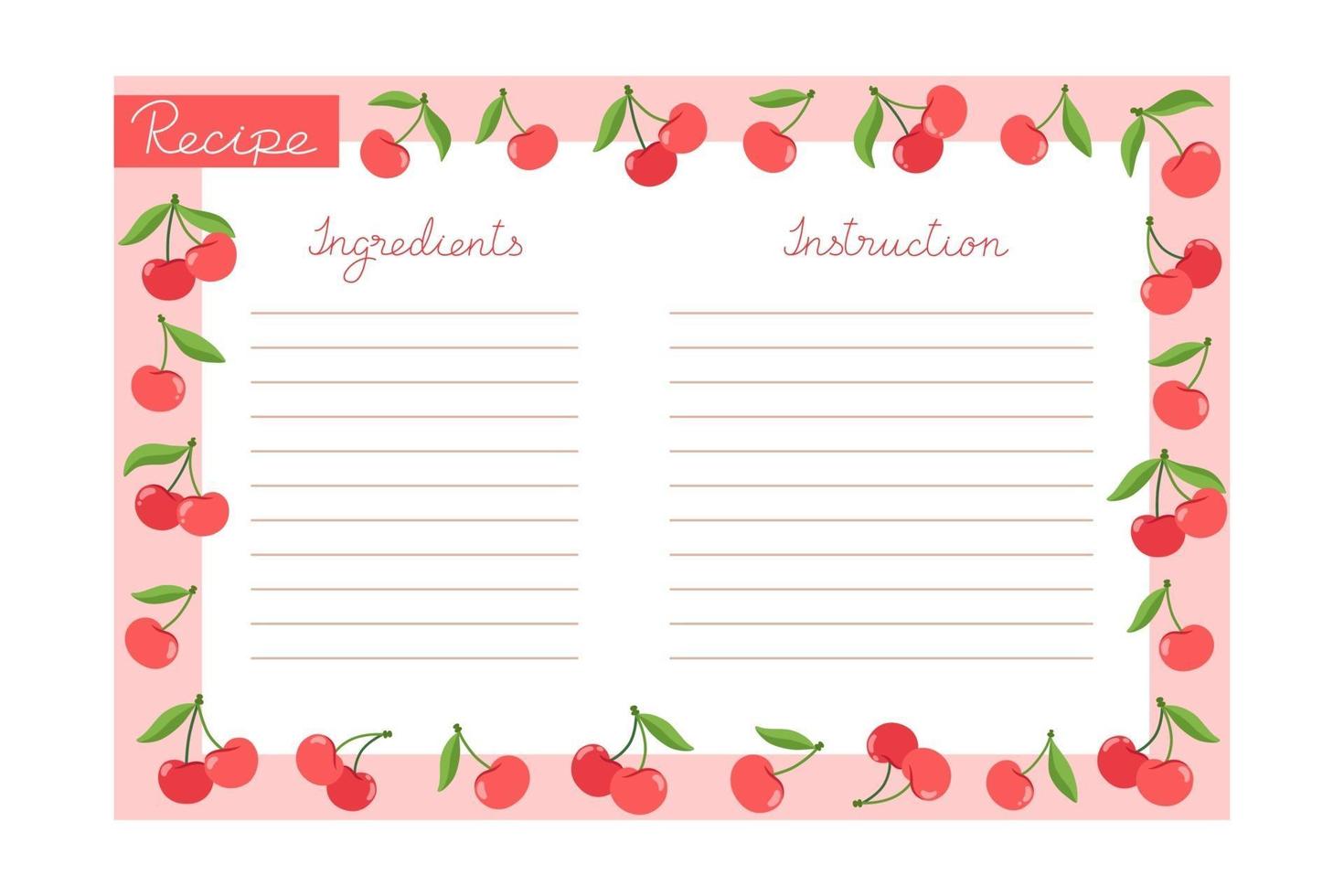 Baking recipe template with cherries, ingredients and instructions vector