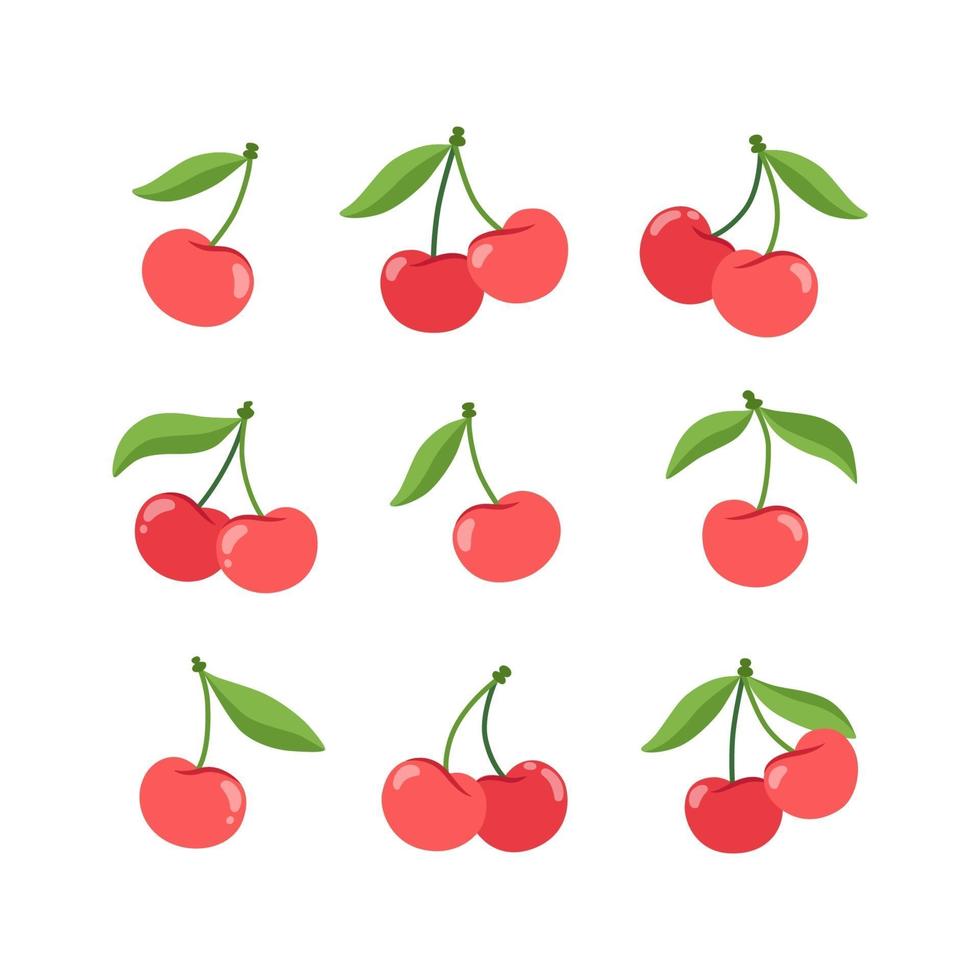 colección de cerezas rojas con hojas verdes en estilo plano vector