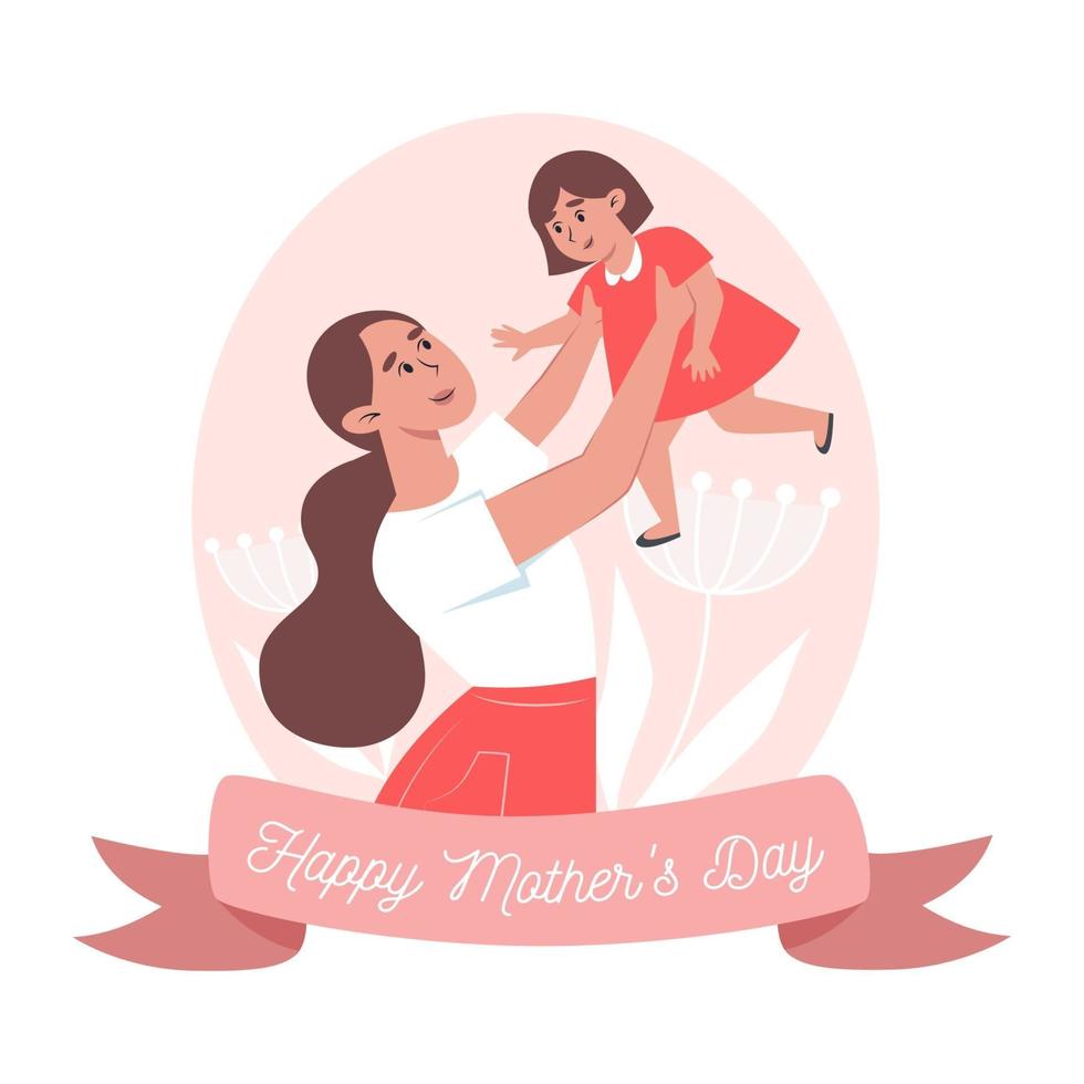 Mother's day card, mom holds little daughter in her arms vector