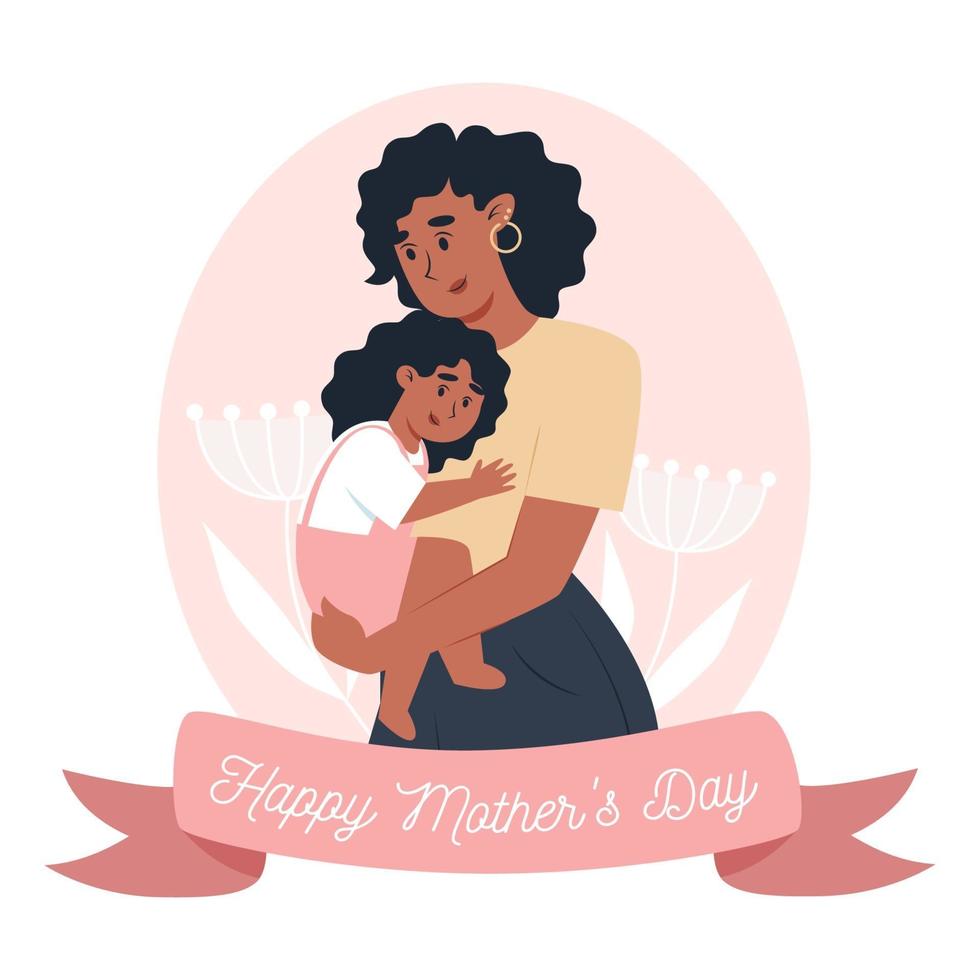Mother's day card, mom holds little daughter in her arms vector