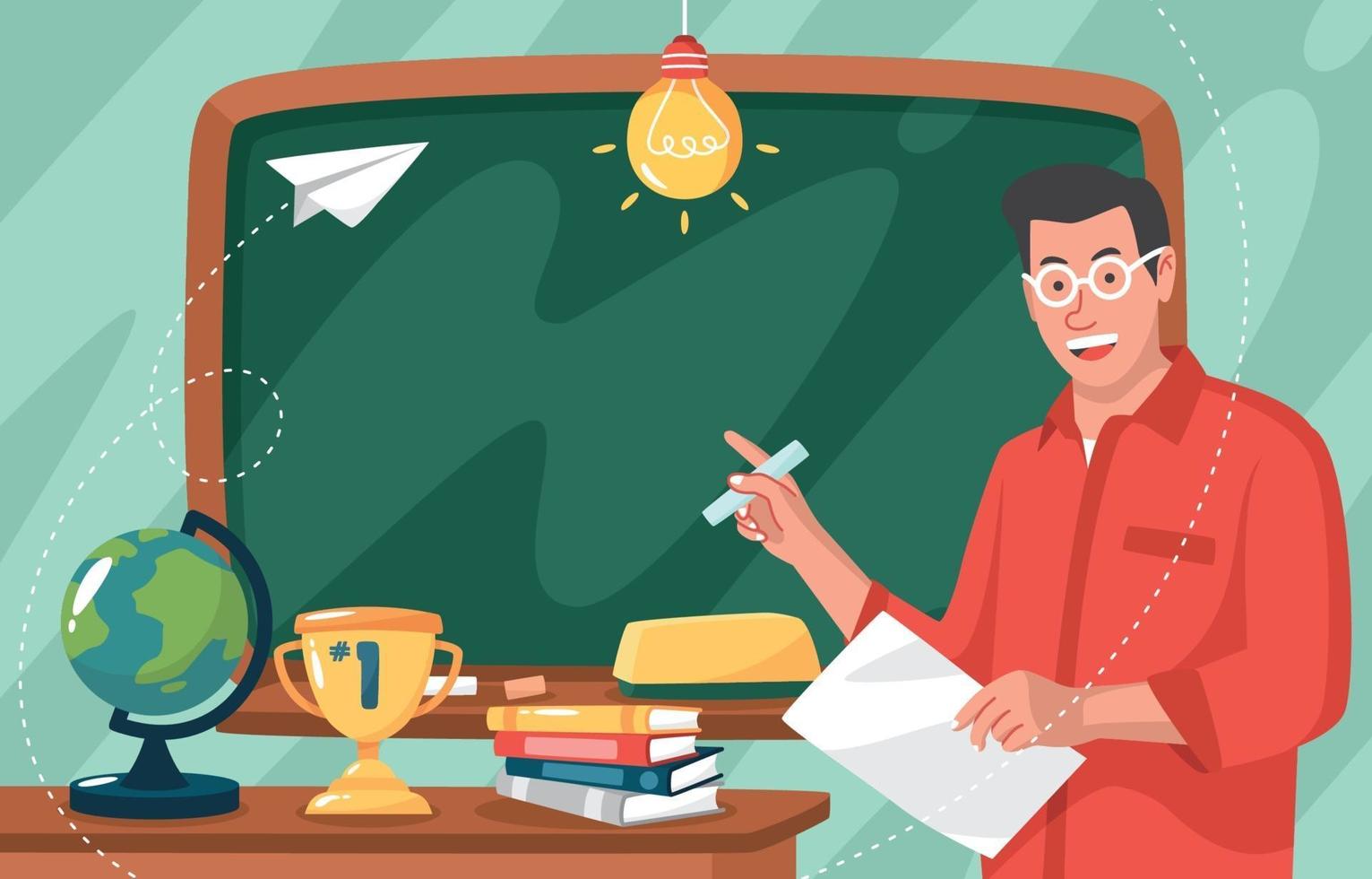 Teacher with Blackboard and School Stationery Background vector