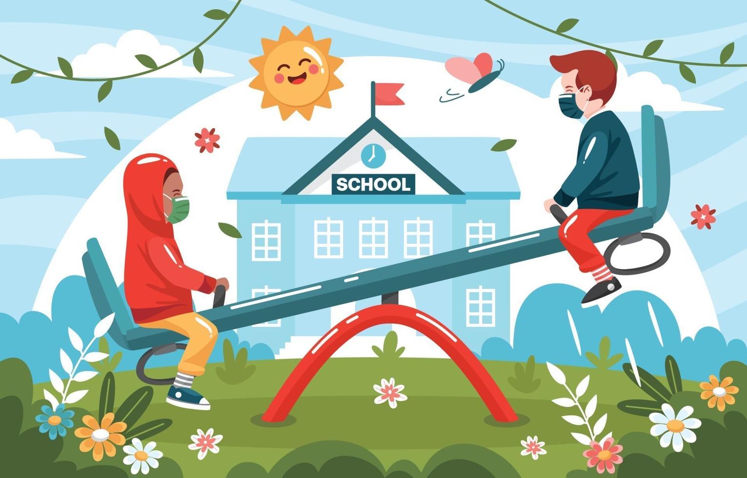 Children Playing Seesaw In the School Garden vector