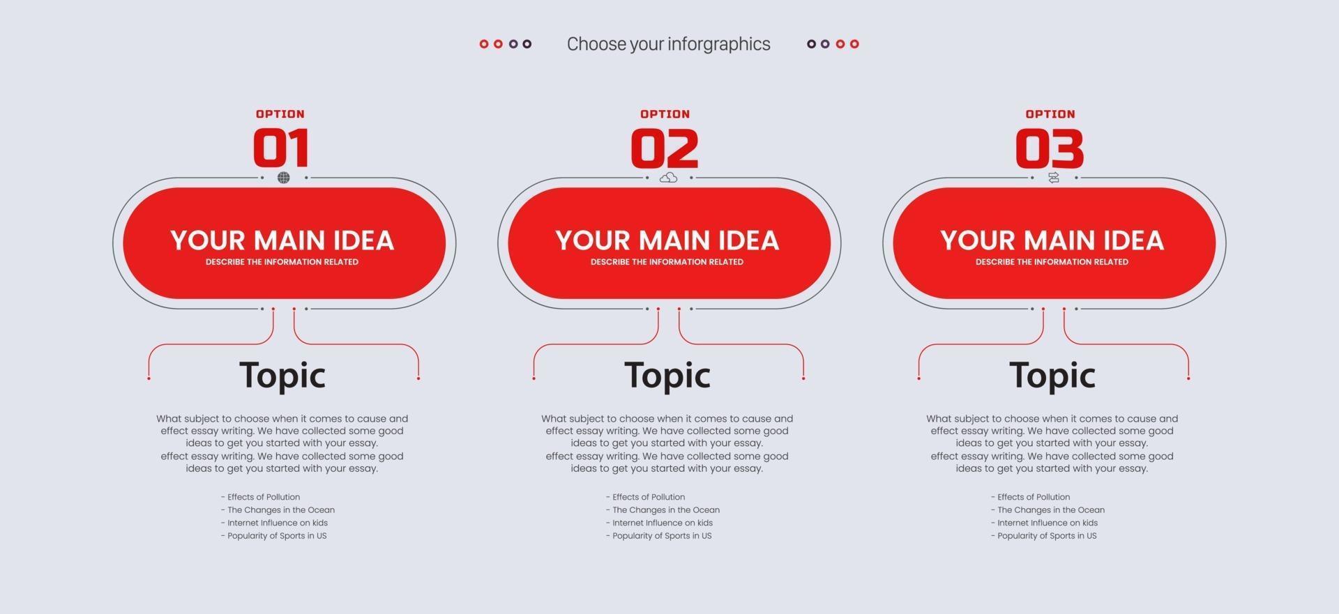Three red Options of infographic templates design. vector