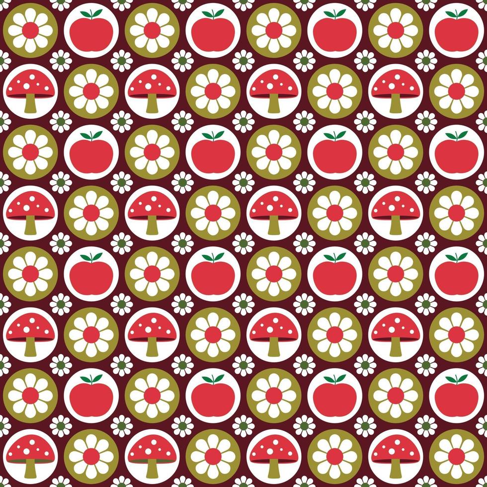 manzanas, setas y margarita, retro, seamless, patrón vector