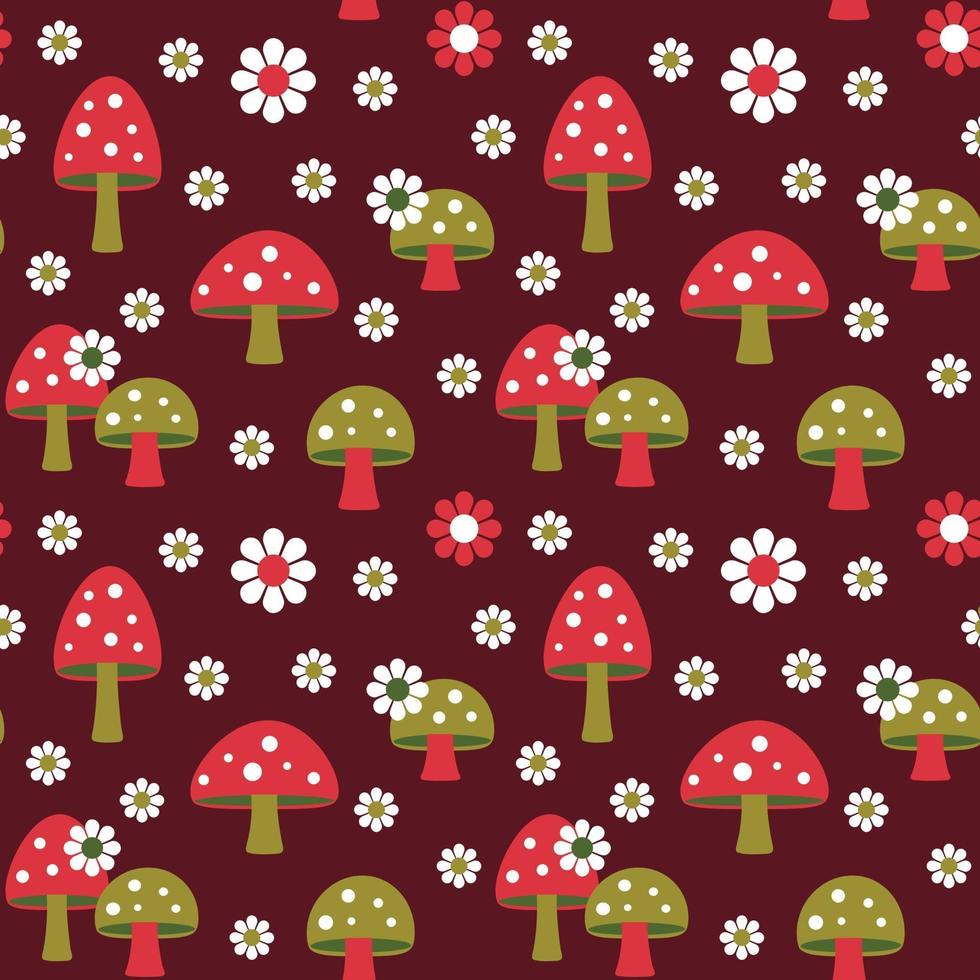 mushrooms and daisy retro seamless pattern on dark red background vector