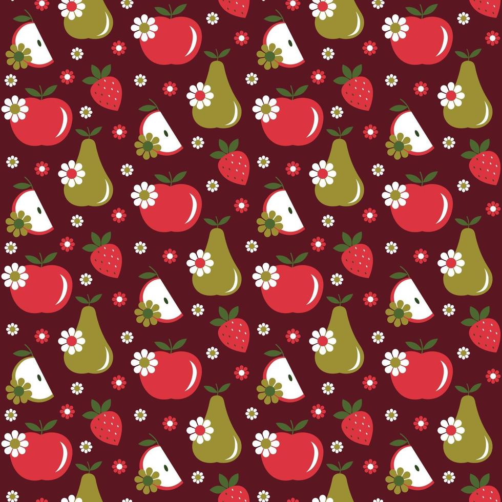 apple pear strawberry daisy retro seamless pattern on dark red background vector