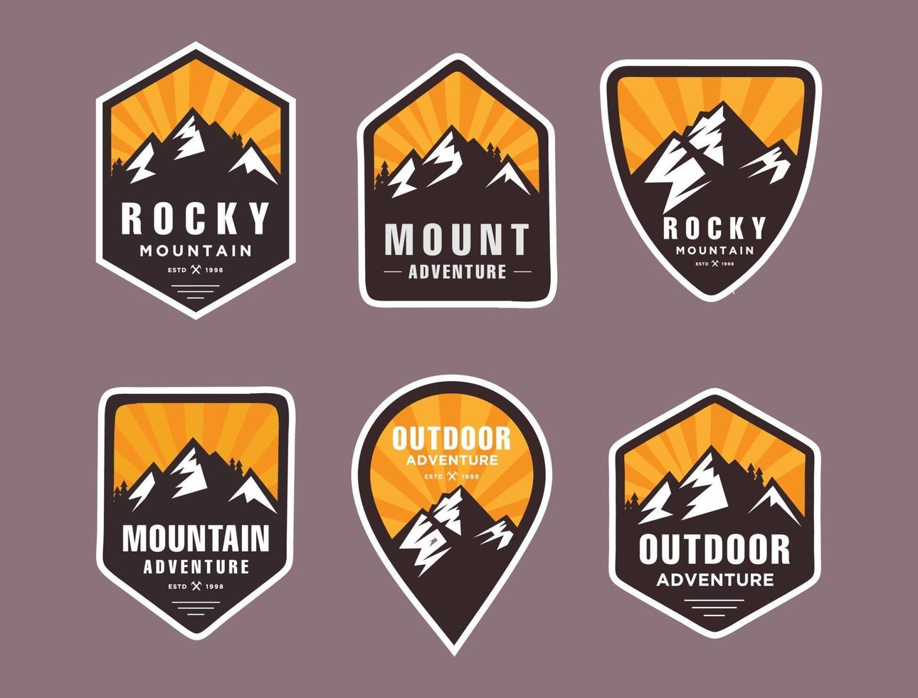 Set of six mountain travel emblems. Camping outdoor adventure emblems, badges vector