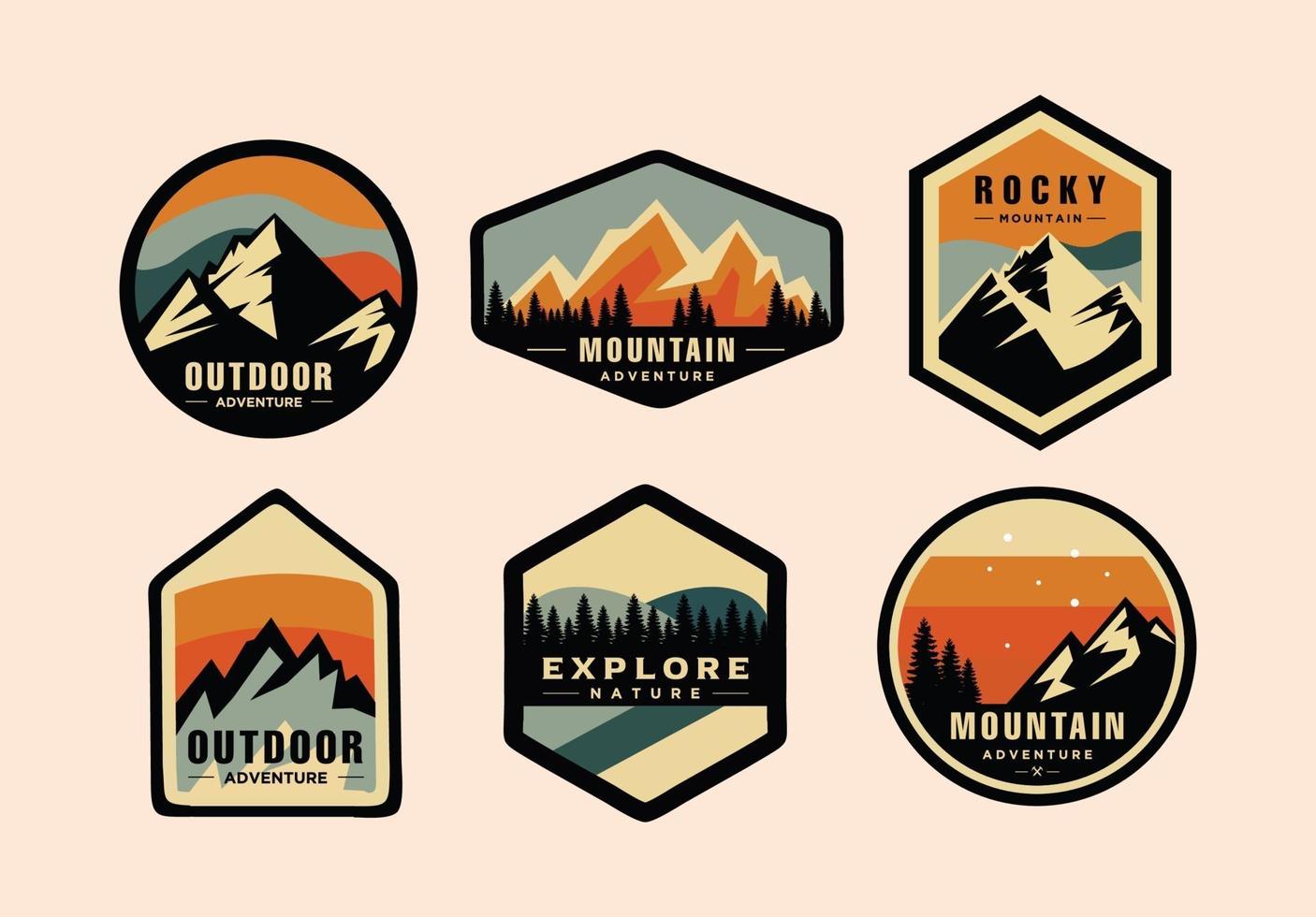 Set of adventure and mountain outdoor vintage logo template, badge or emblem style vector