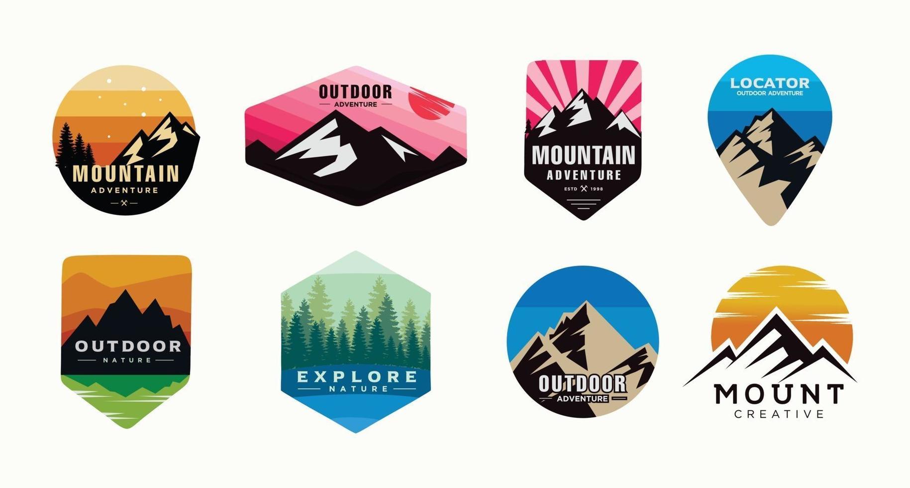 conjunto de camping, escalada logo o etiqueta. viaje de senderismo, caminata conjunto de iconos. vector