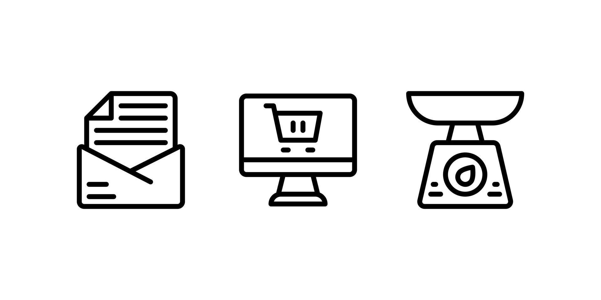 newsletter, shopping online, weighing scale line icon set vector