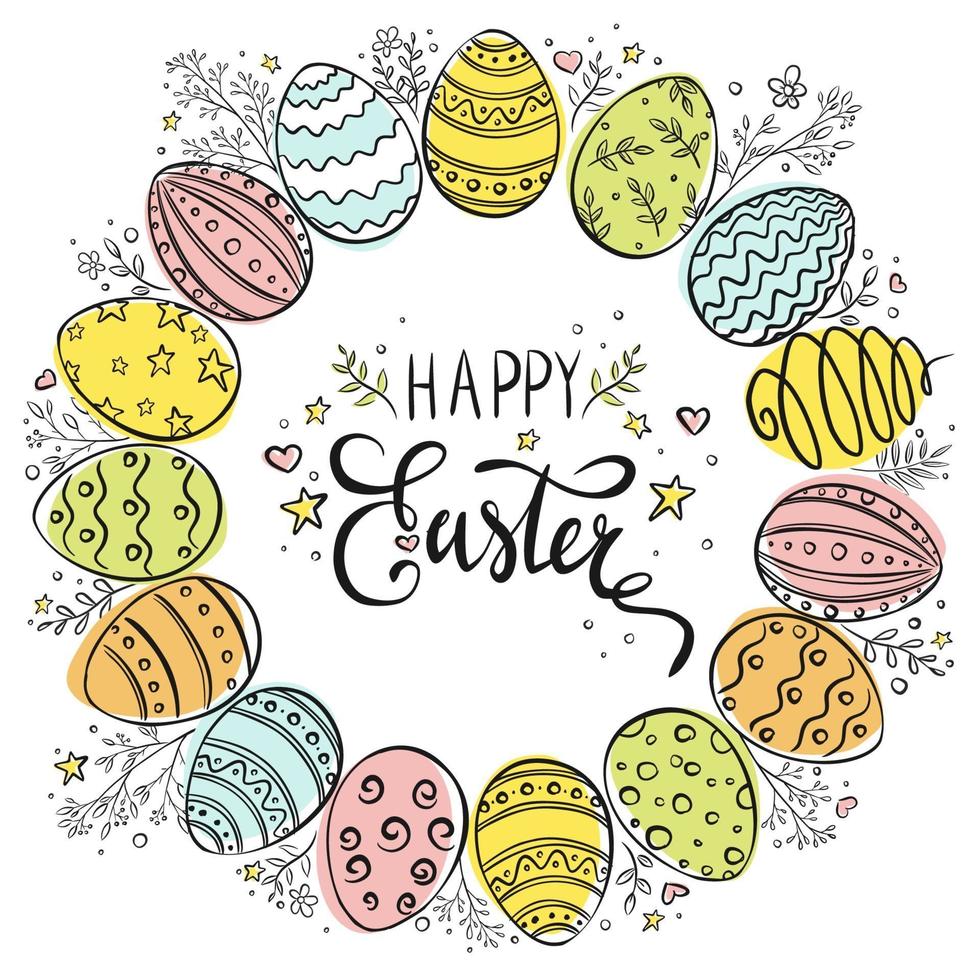 Hand Drawn Happy Easter Eggs Wreath vector