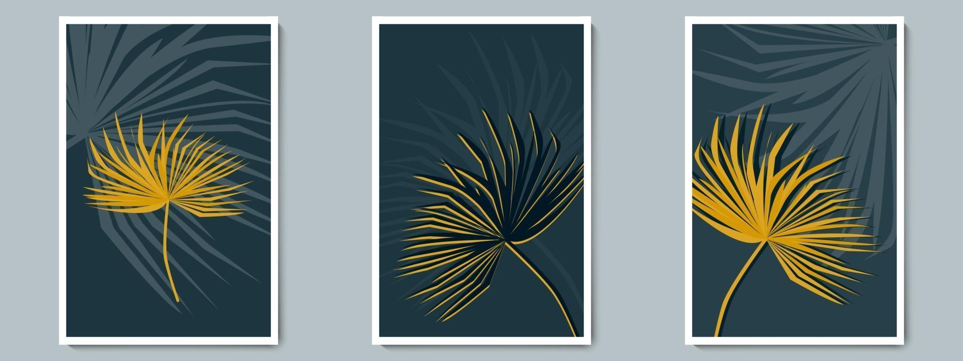 Conjunto de carteles de vector de arte de pared oscura botánica. sombra minimalista y follaje tropical dorado con fondo nocturno.