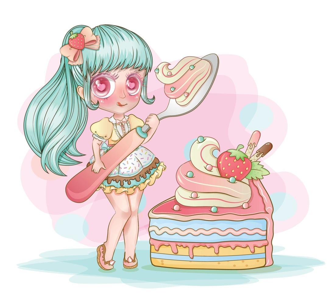 chibi girl cute strawberry cake vector