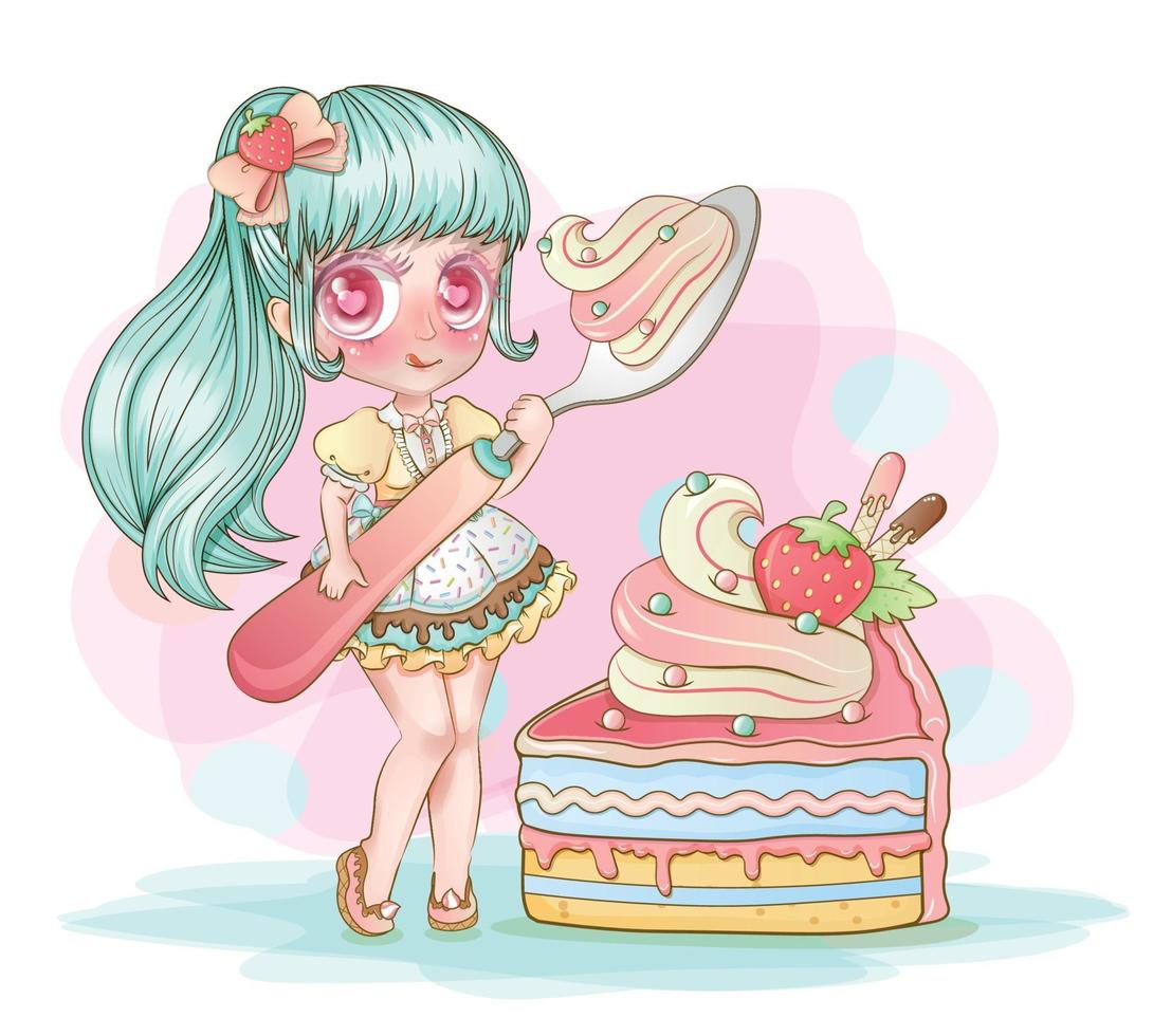 tarta de fresa linda chica chibi vector