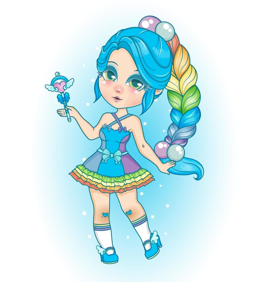 rainbow cute blue chibi girl vector